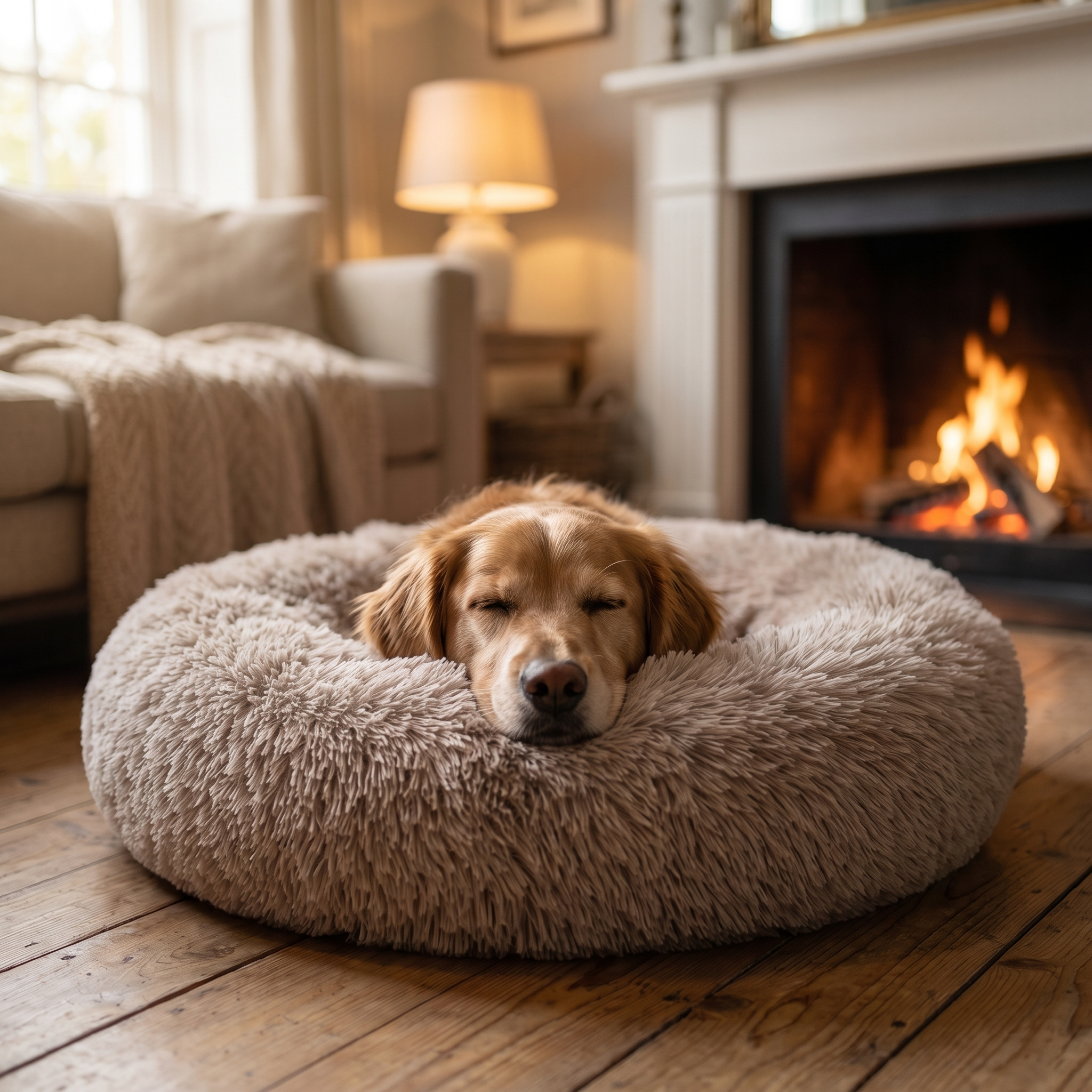 Dog resting on the plush rim of the donut bed