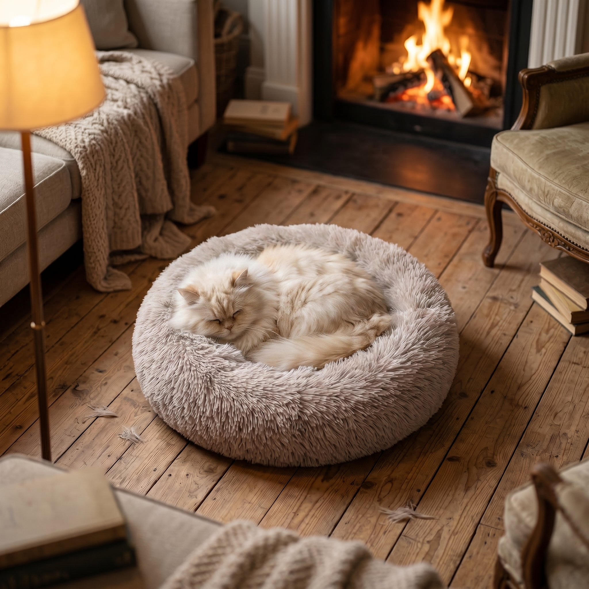 Fluffy cat curled asleep in the donut bed