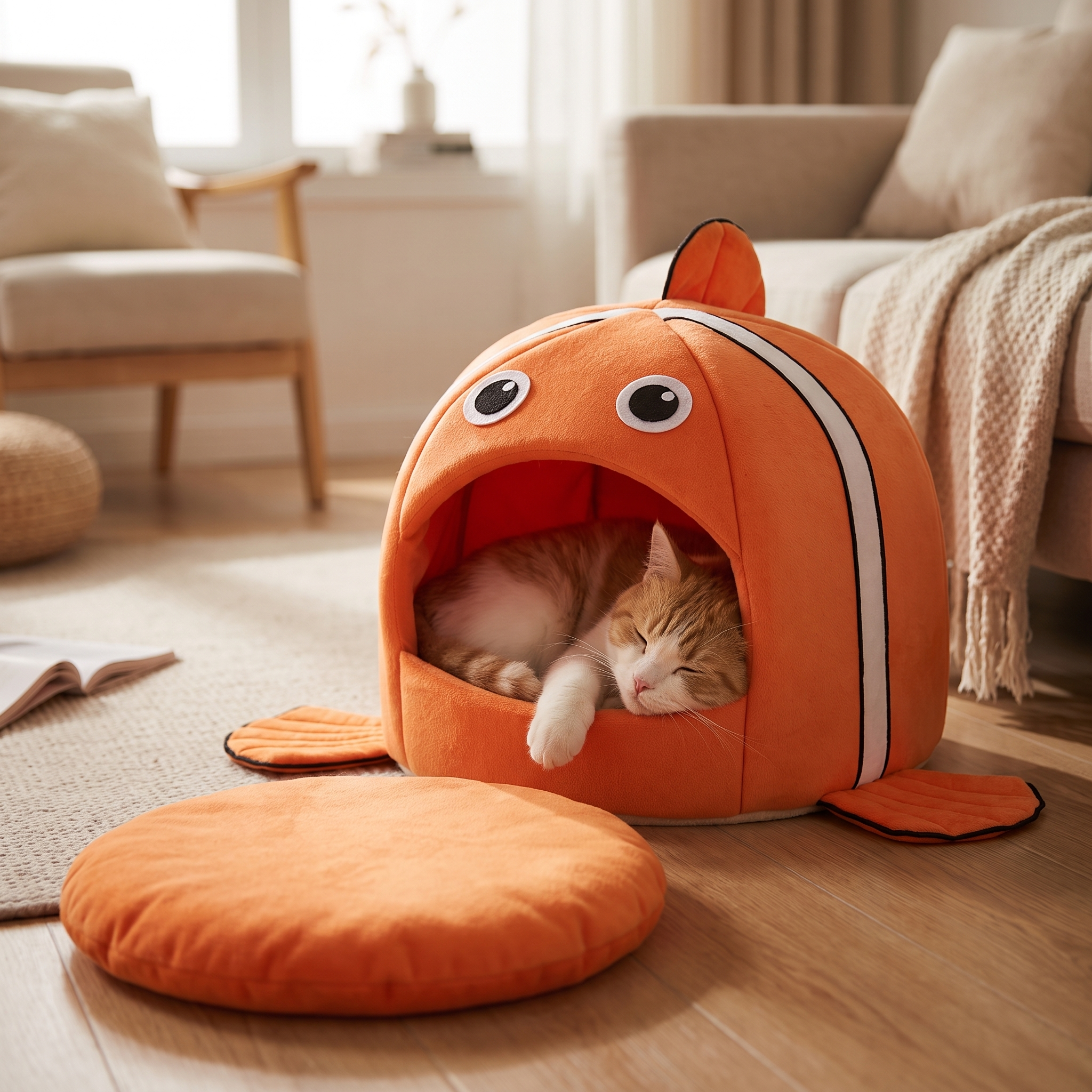 Cat asleep inside the covered cave