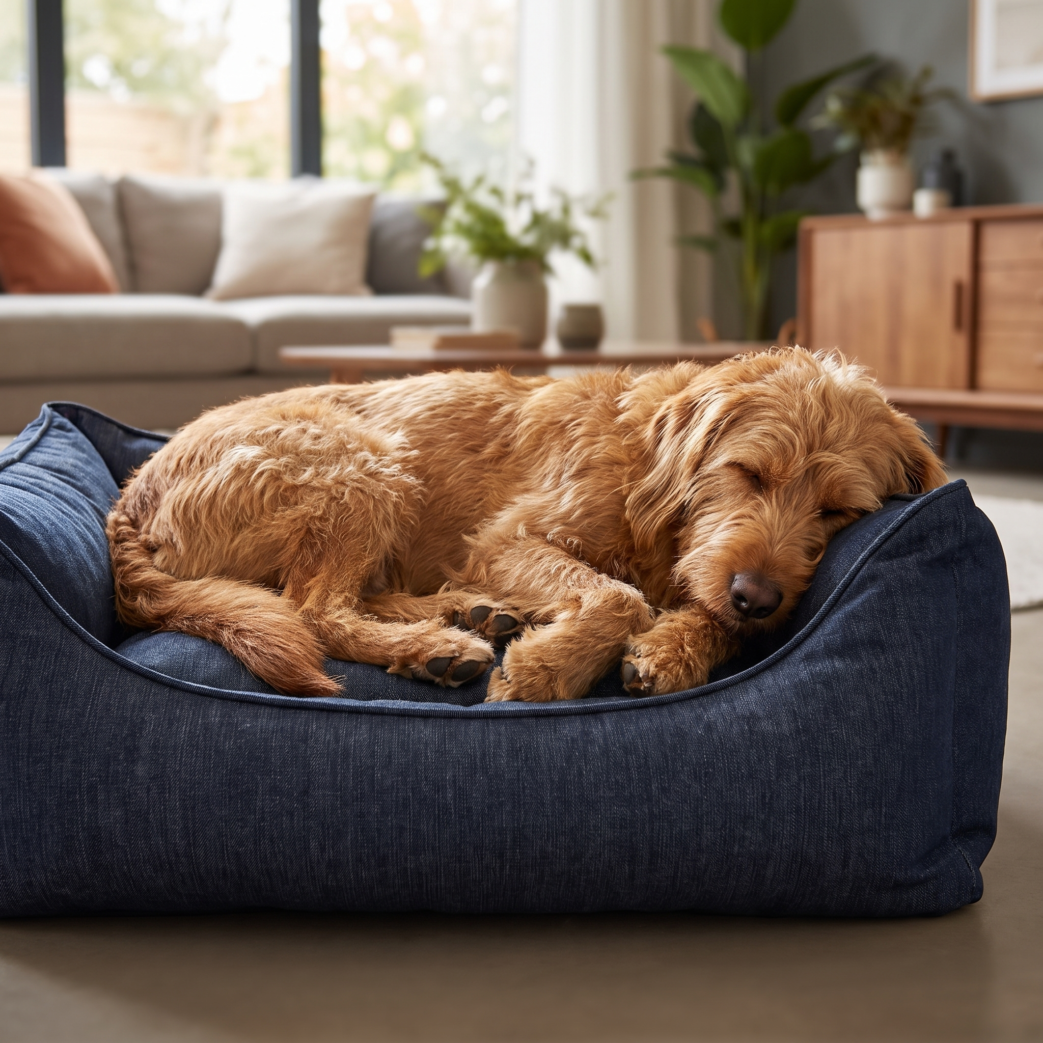 Dog asleep against the bolster