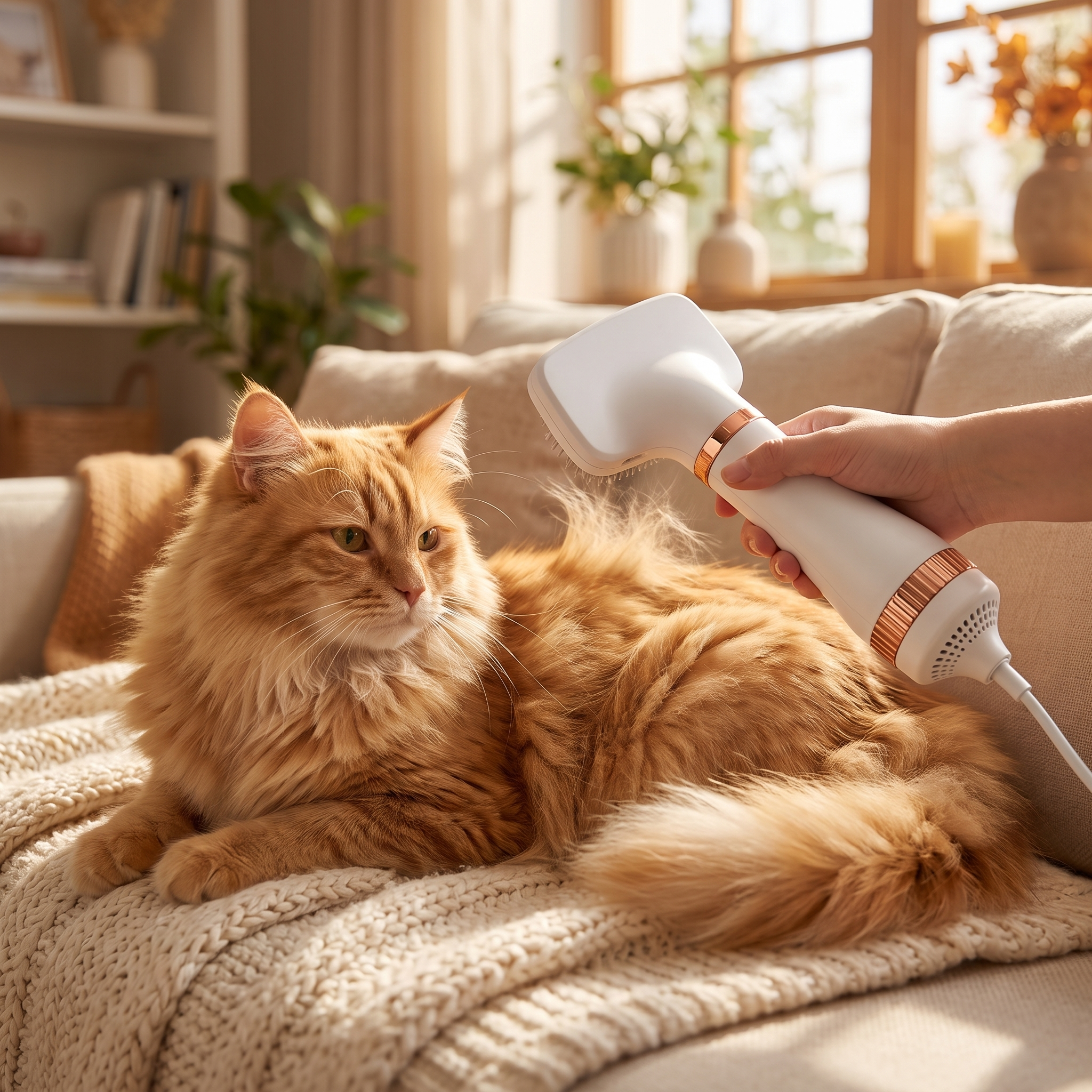 Relaxed long haired cat being groomed with the quiet pet dryer brush
