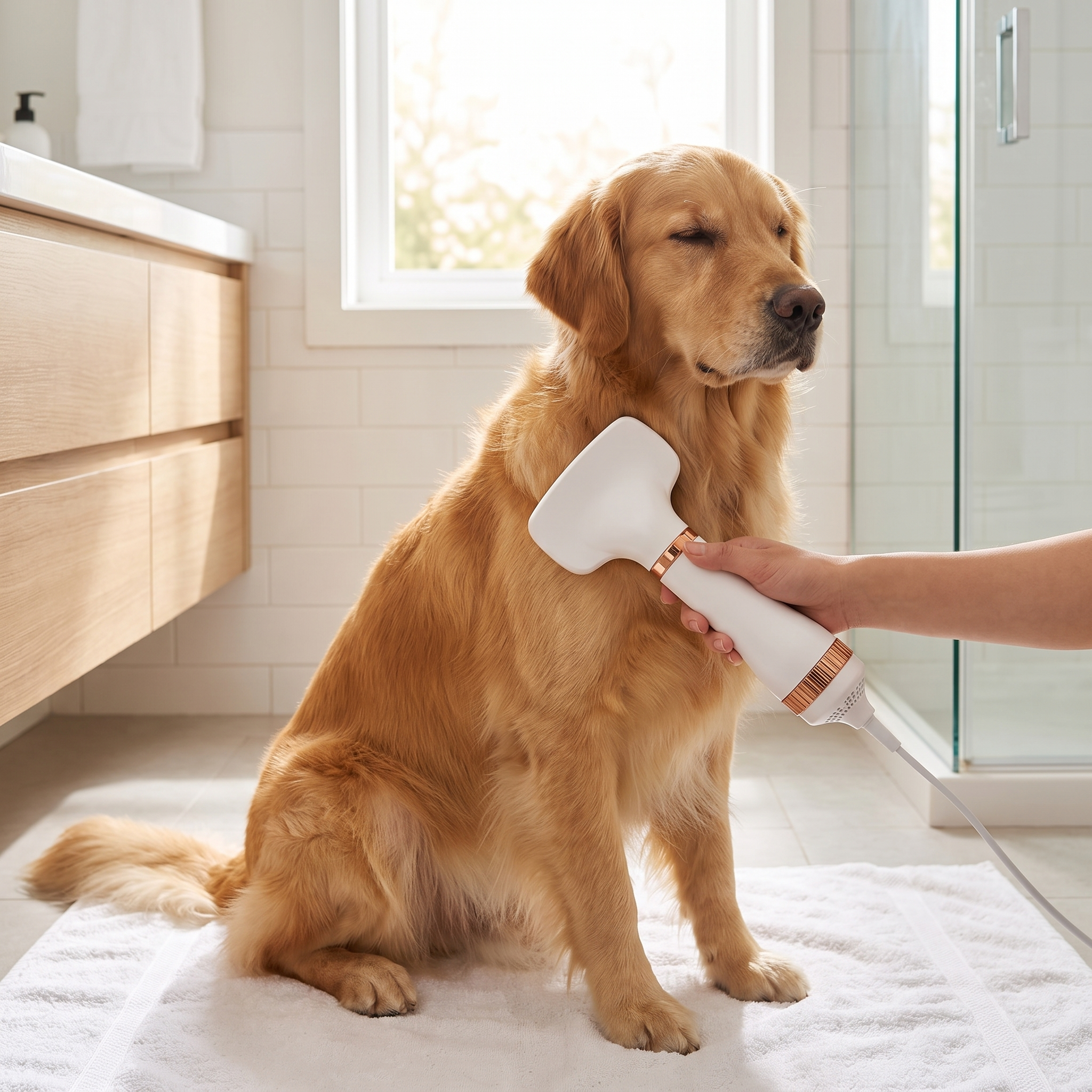 Owner drying a golden retriever after a bath with the dog blow dryer brush