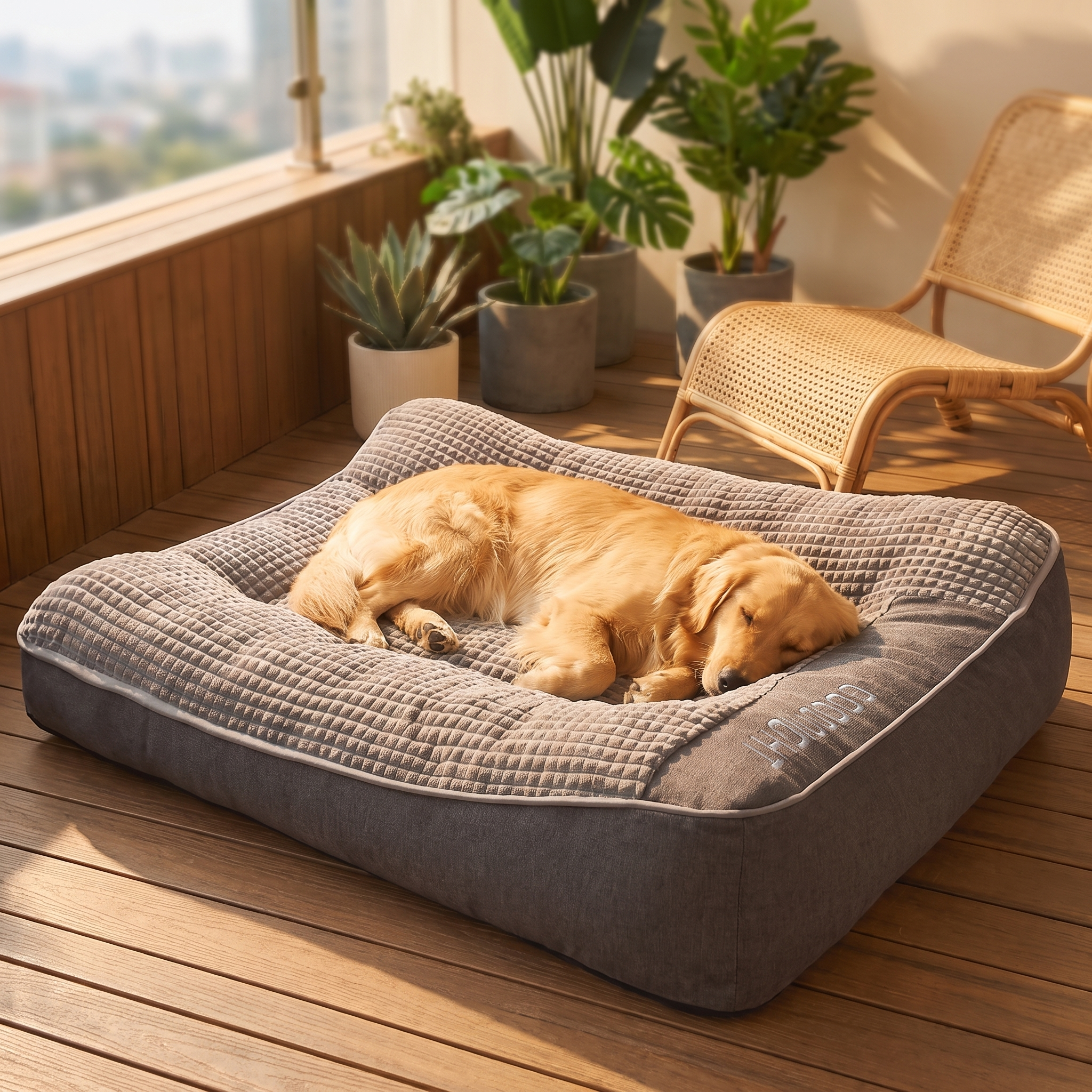 Dog relaxing on the orthopedic sofa bed on a balcony