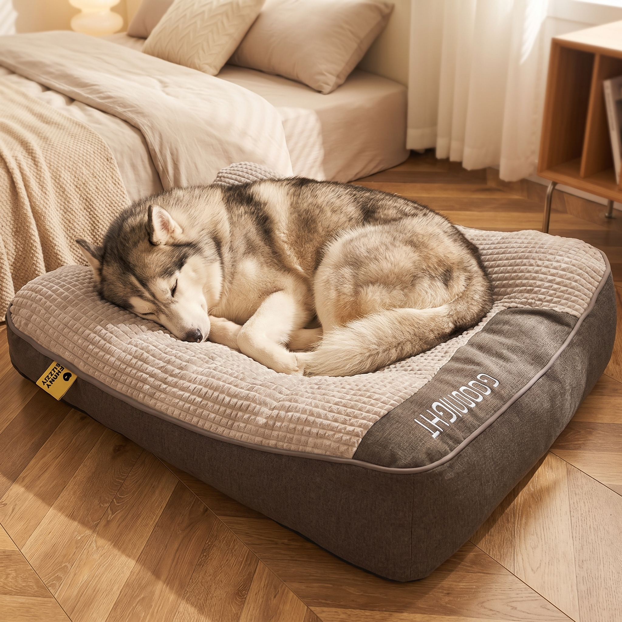 Husky curled up asleep on the orthopedic sofa bed