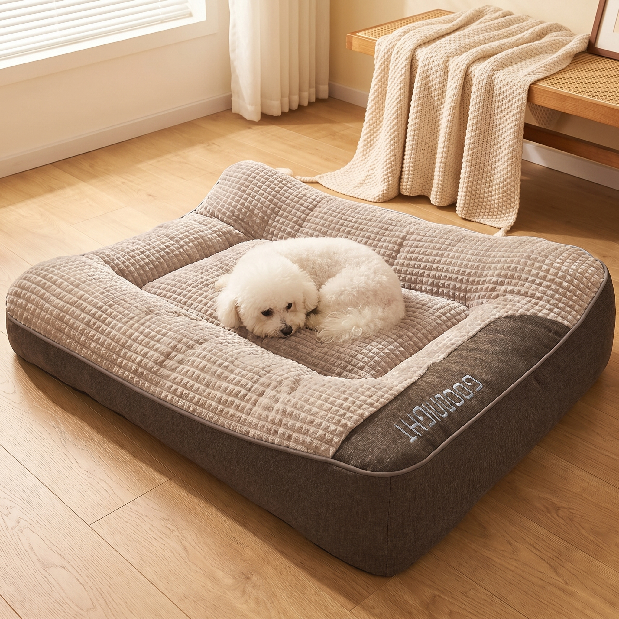 Small white dog curled up on the spacious orthopedic sofa bed