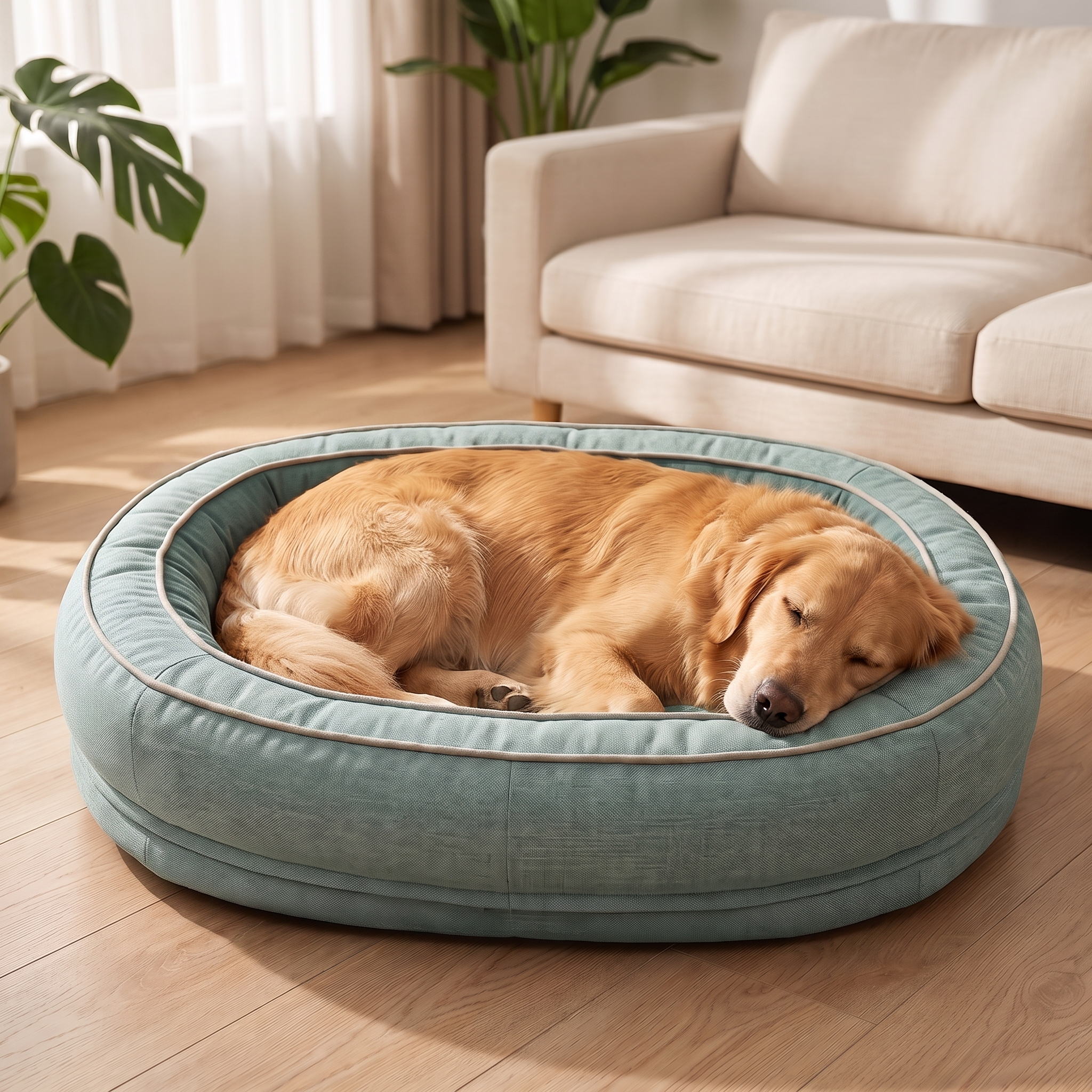 Golden retriever curled up asleep in the donut dog bed