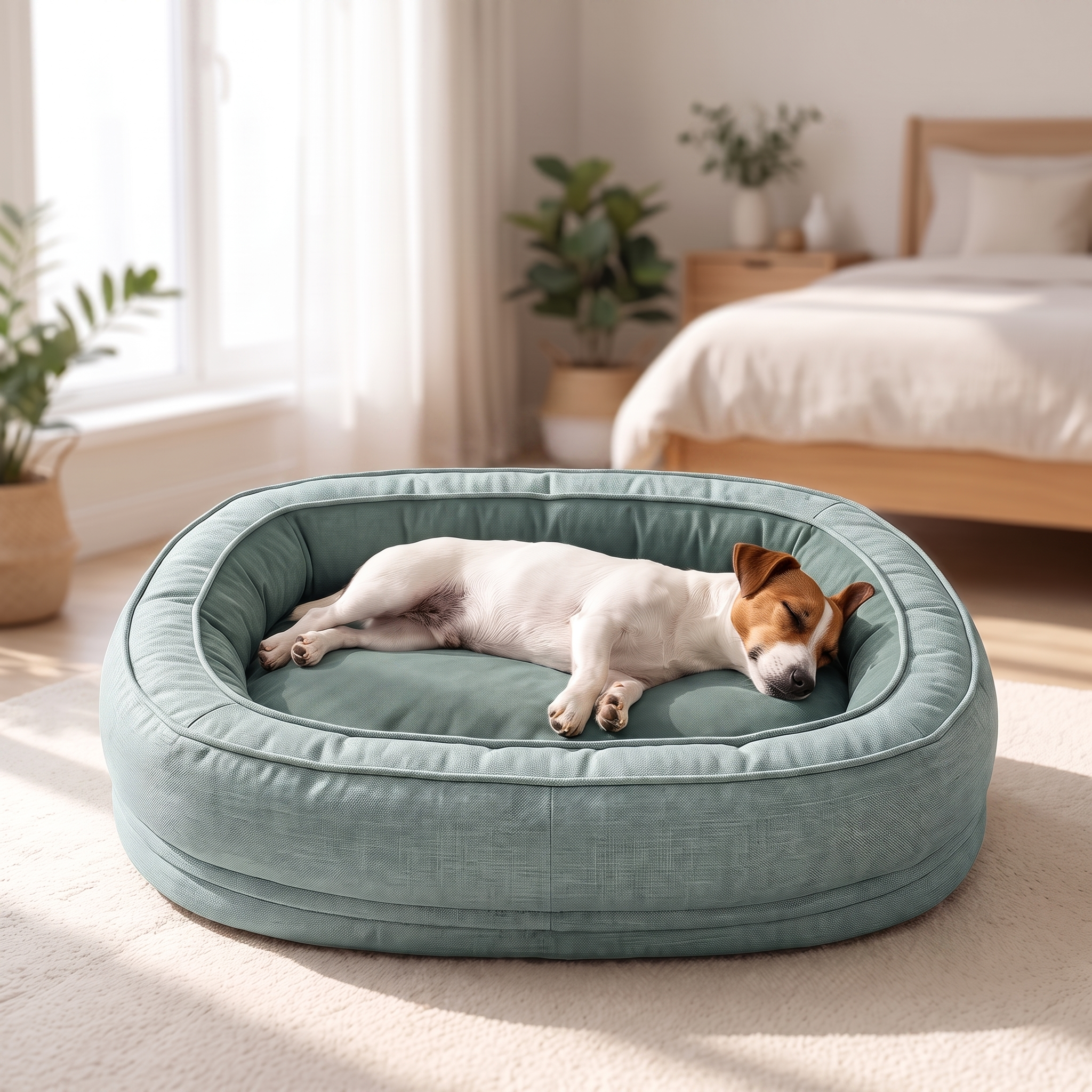 Small dog stretched out on the donut dog bed by the window