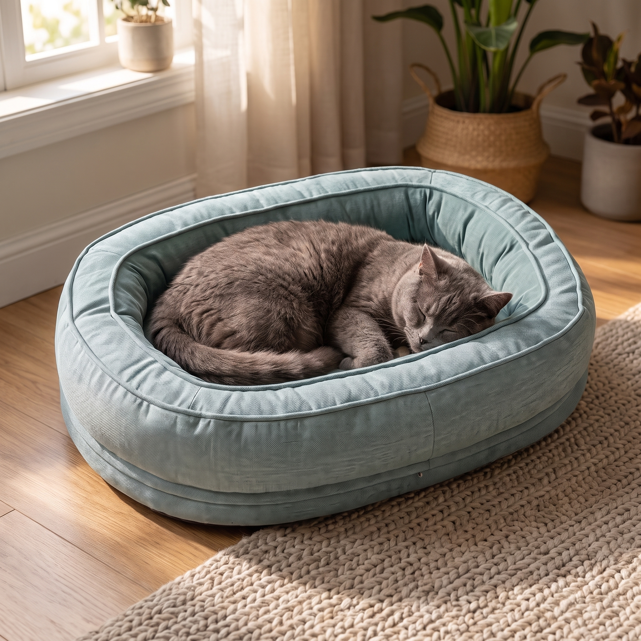 Dog resting in the machine washable donut dog bed