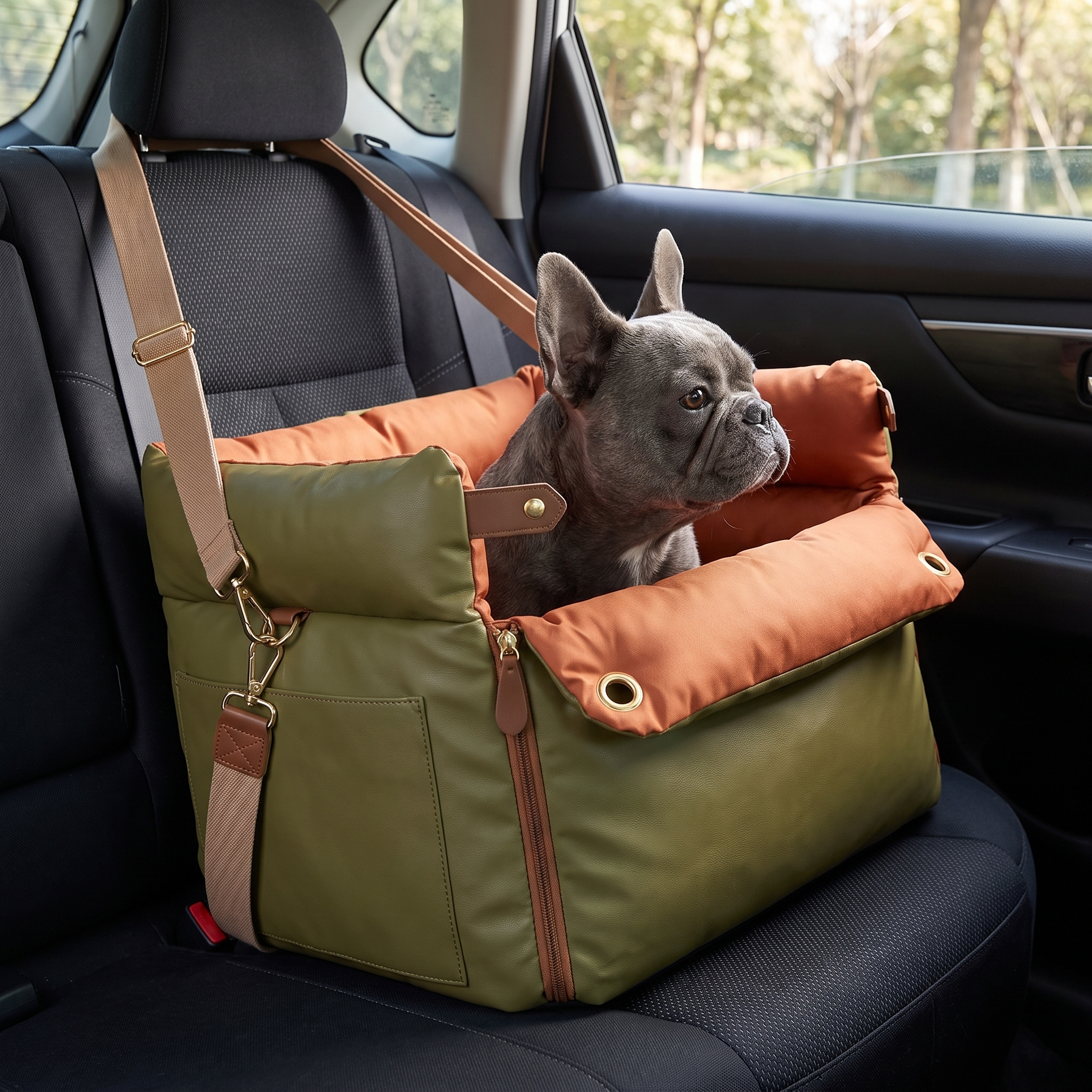 Golden retriever puppy sitting in the olive and orange leather look dog car seat
