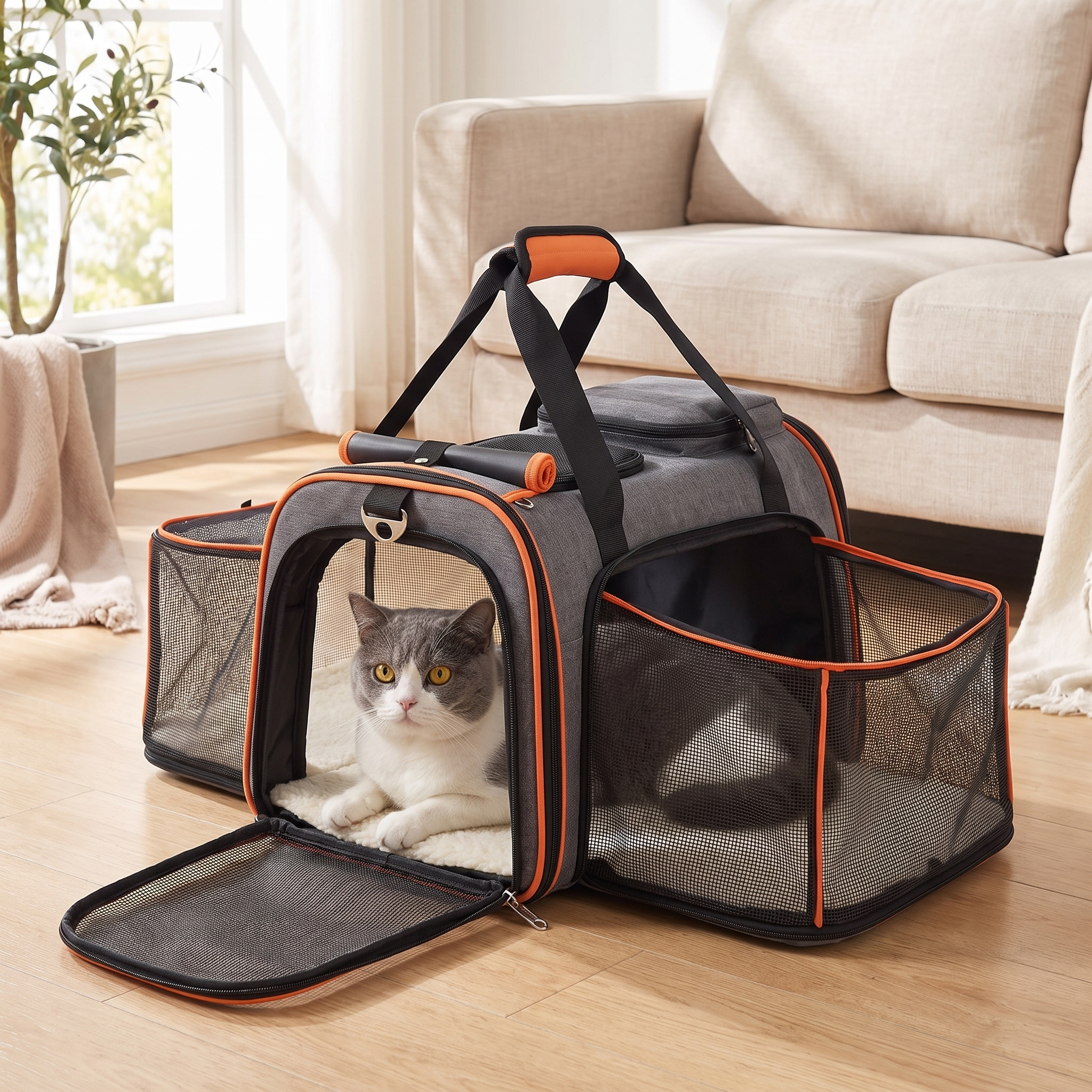 Ginger cat resting inside the expanded mesh side of the grey cat carrier