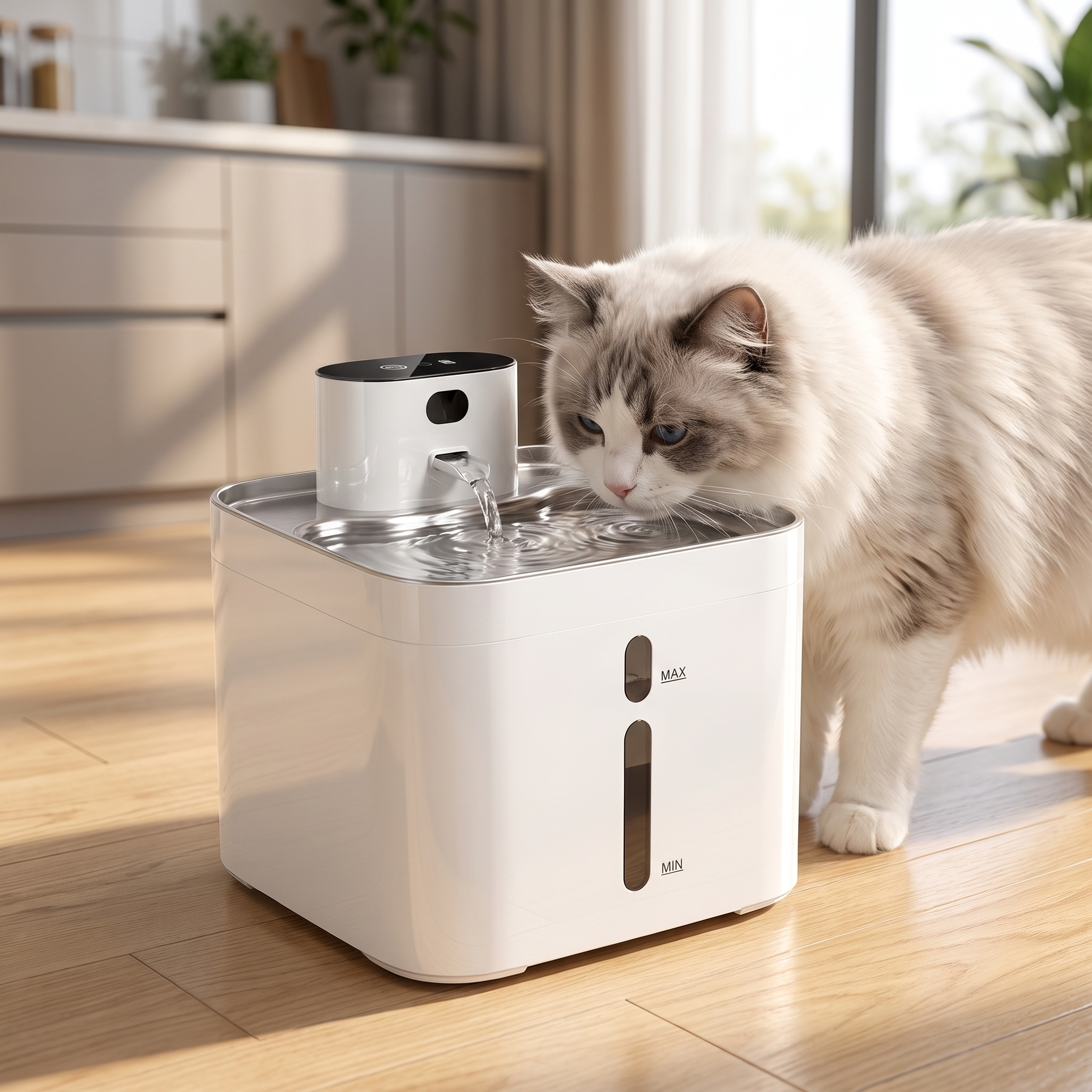 Tabby cat lapping flowing water from the stainless steel tray