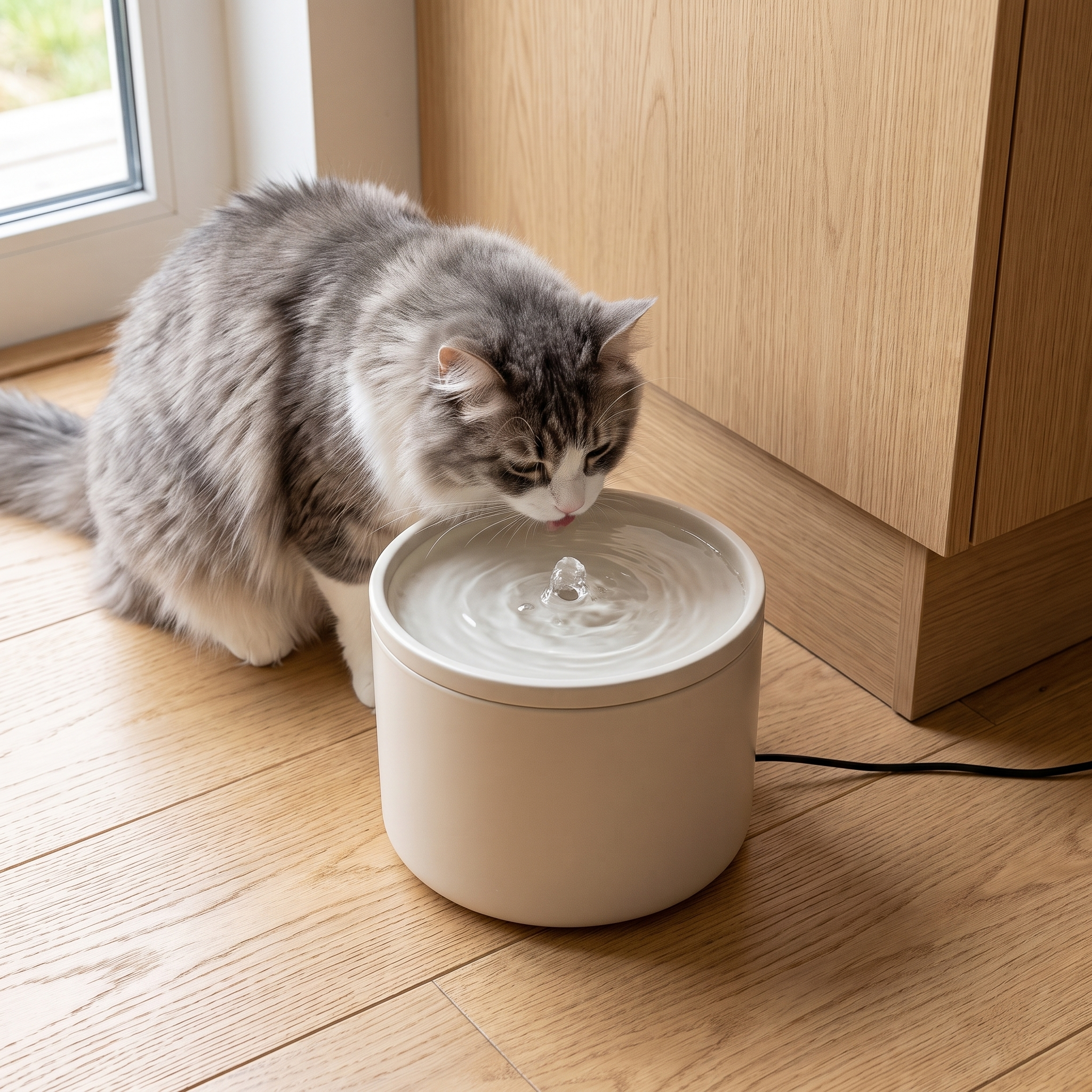 Tabby cat drinking from the PureFlow ceramic cat water fountain