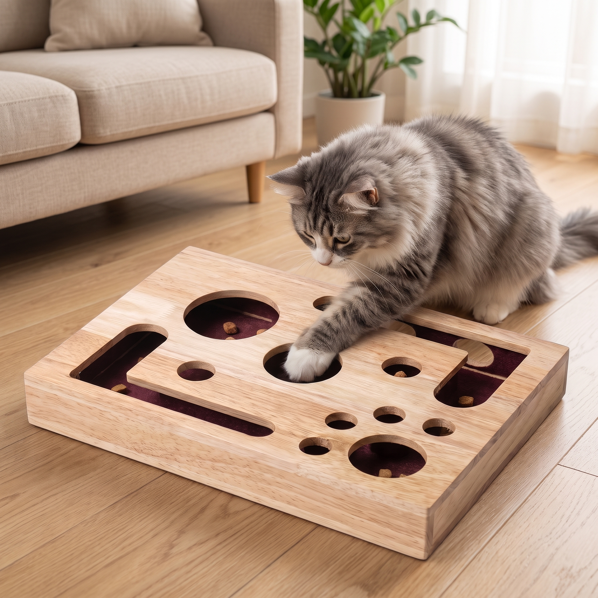 Tabby cat reaching a paw into the wooden cat scratcher puzzle box