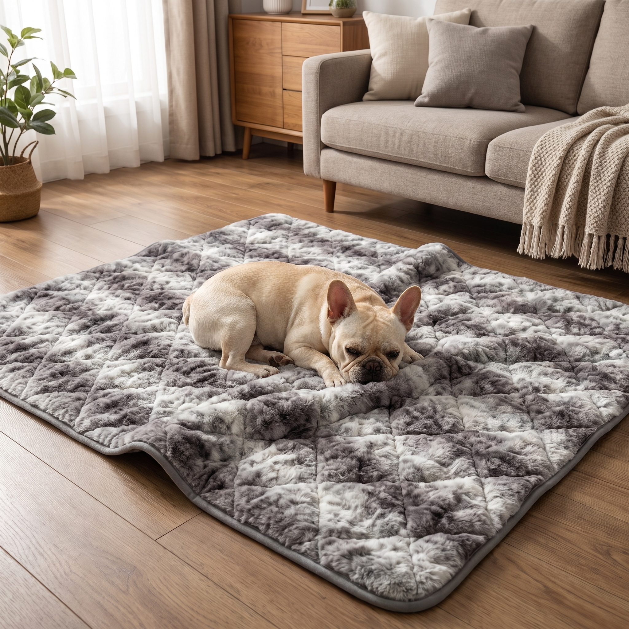 Dog asleep on the marbled grey faux fur dog blanket