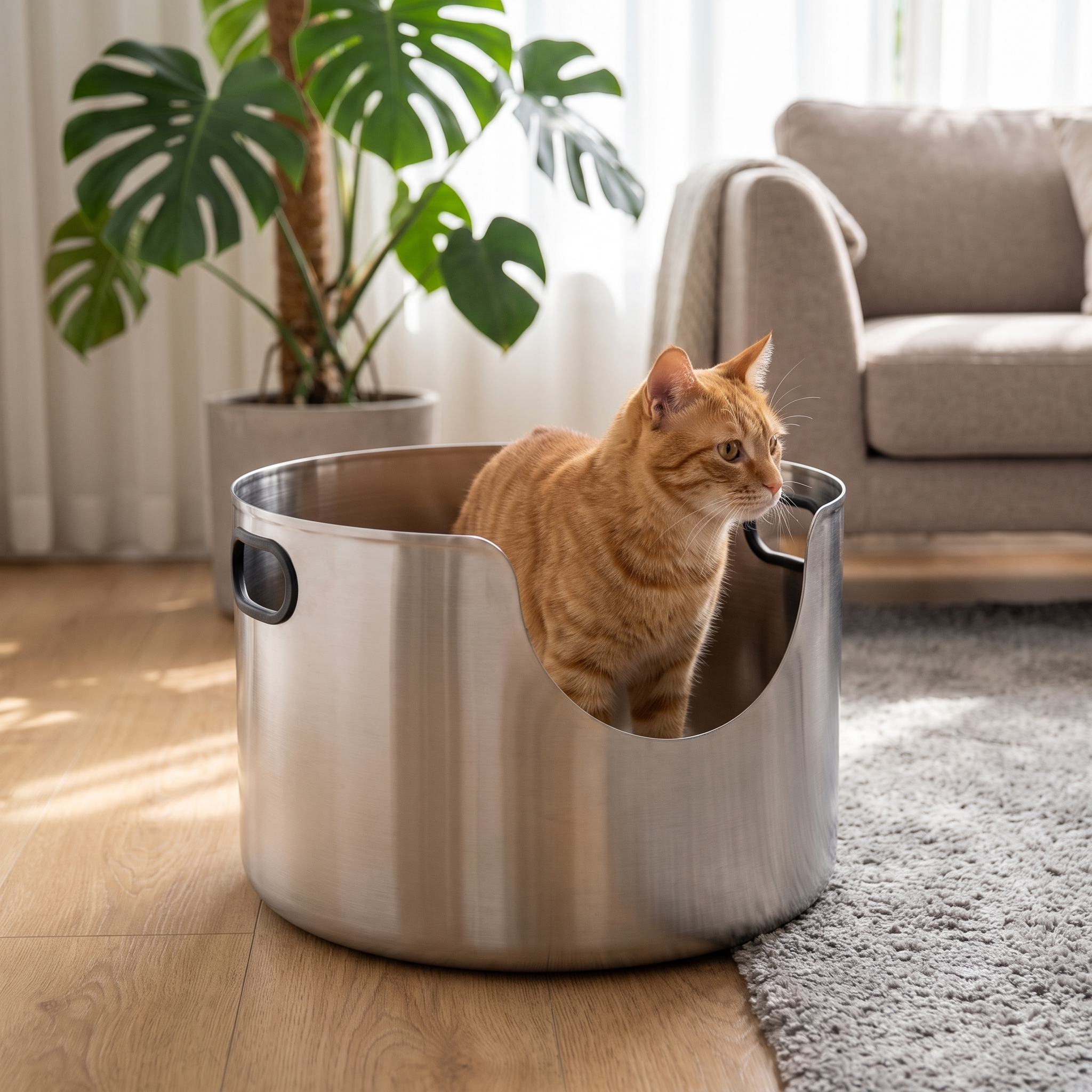 Cat standing inside the round open top stainless steel litter box