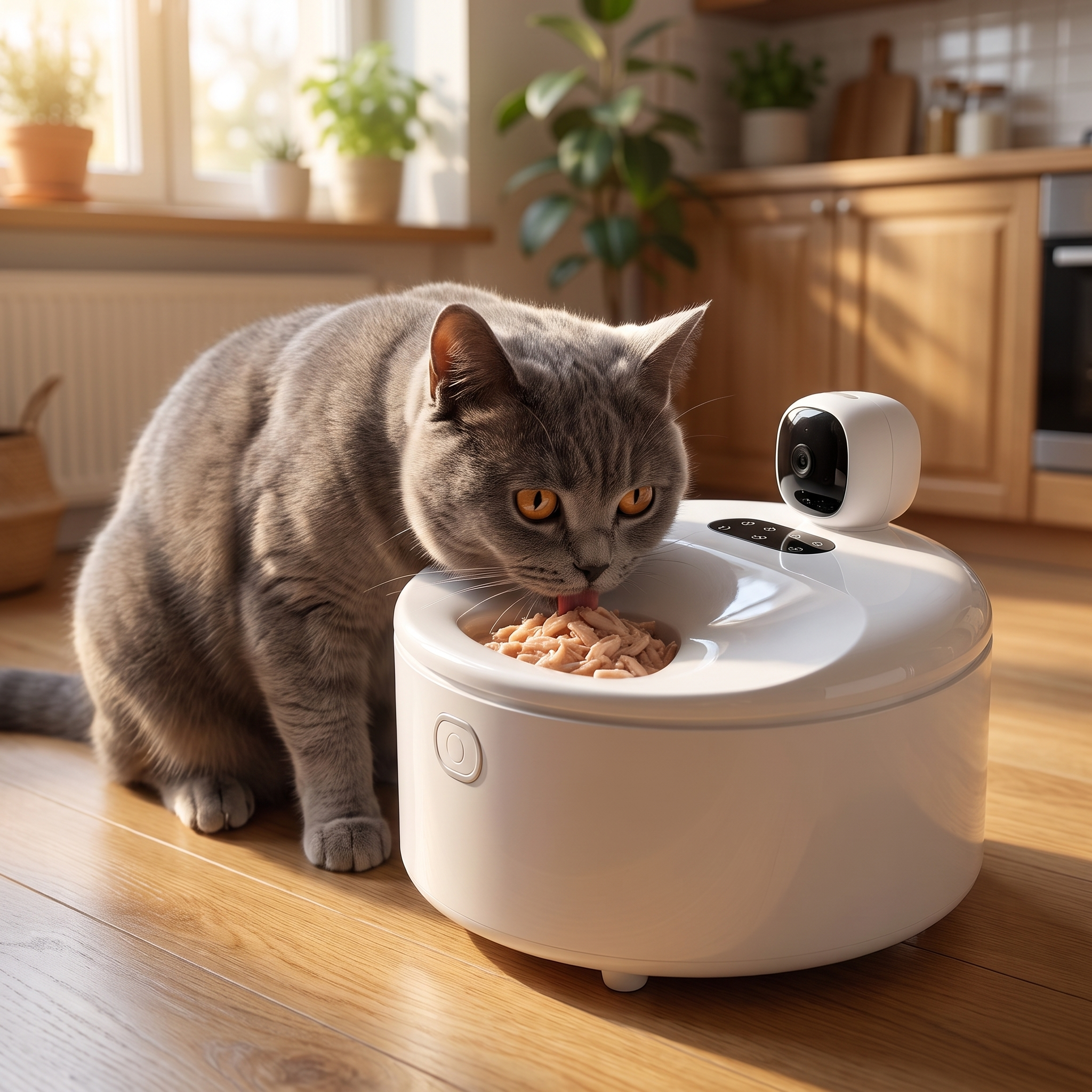 Grey British Shorthair cat eating from the automatic wet food feeder in a home kitchen