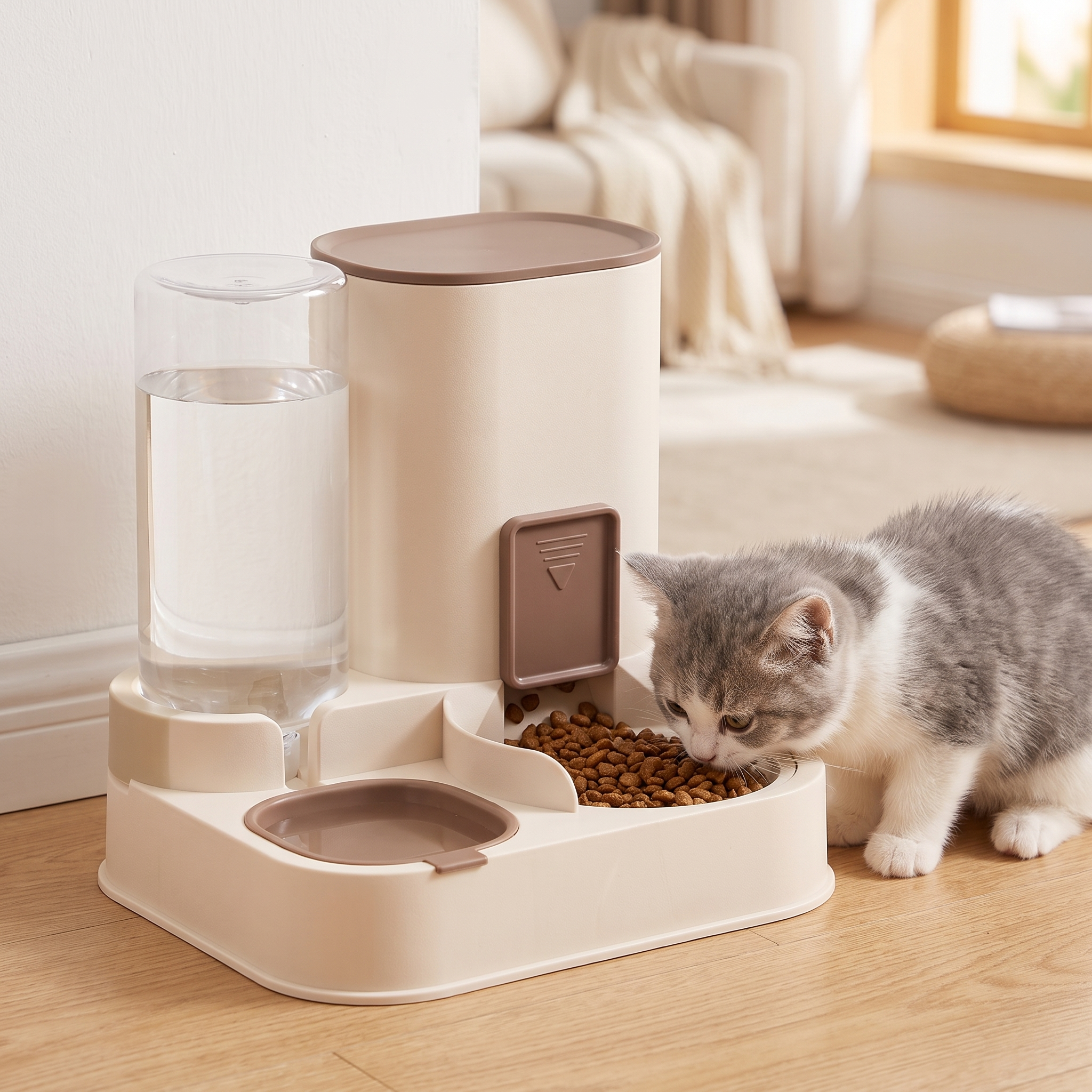 Cat enjoying a meal from the gravity feeder and water station