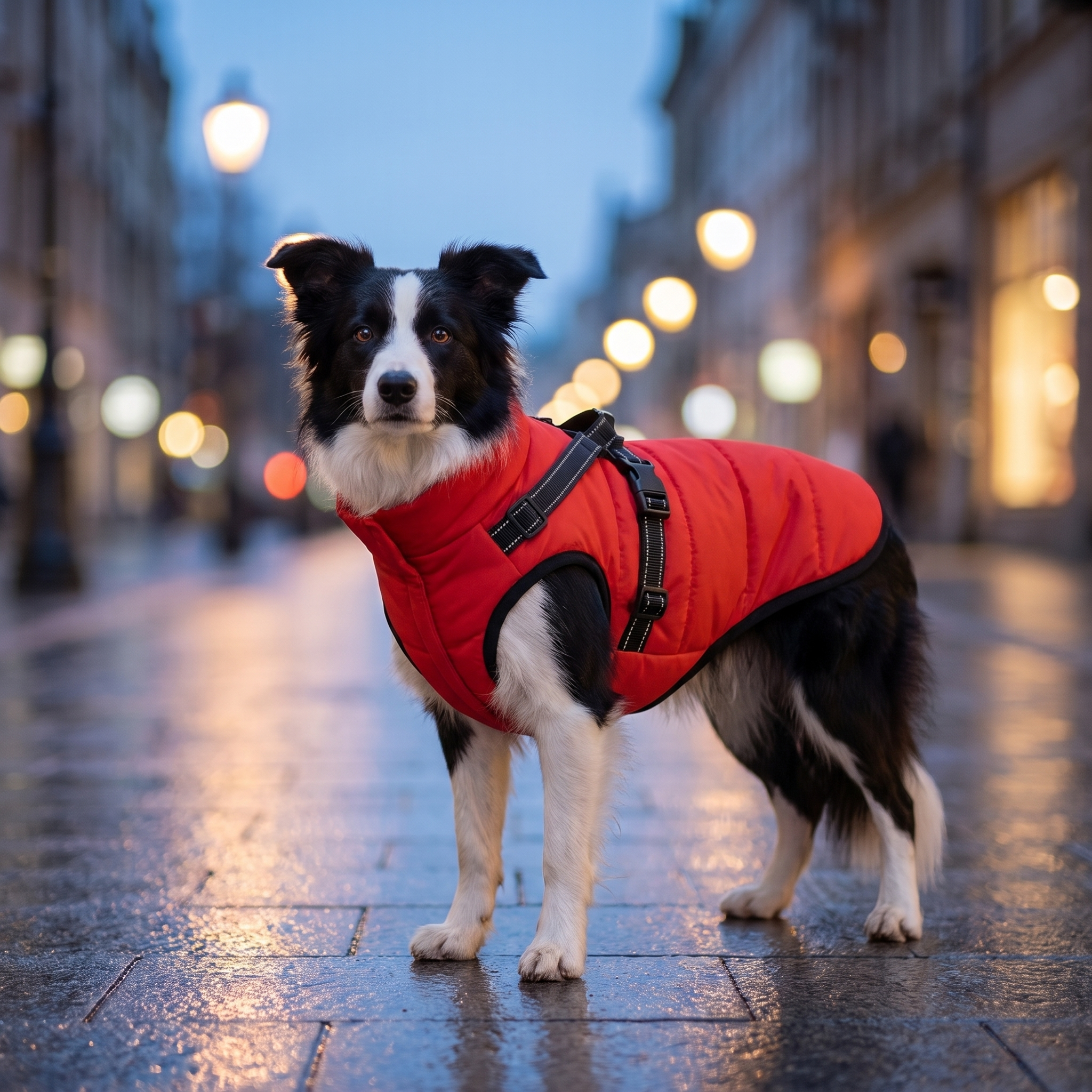 Happy dog sitting in a red padded dog coat with built in harness