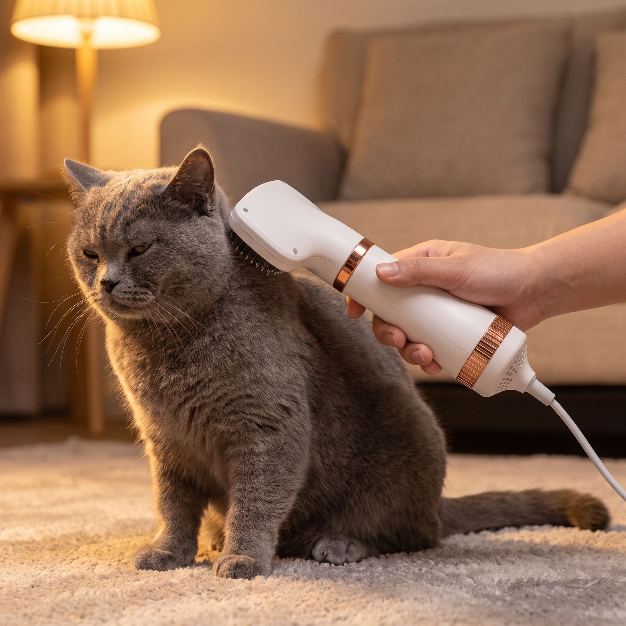 Fluffy dog being groomed with the 2 in 1 dog hair dryer brush