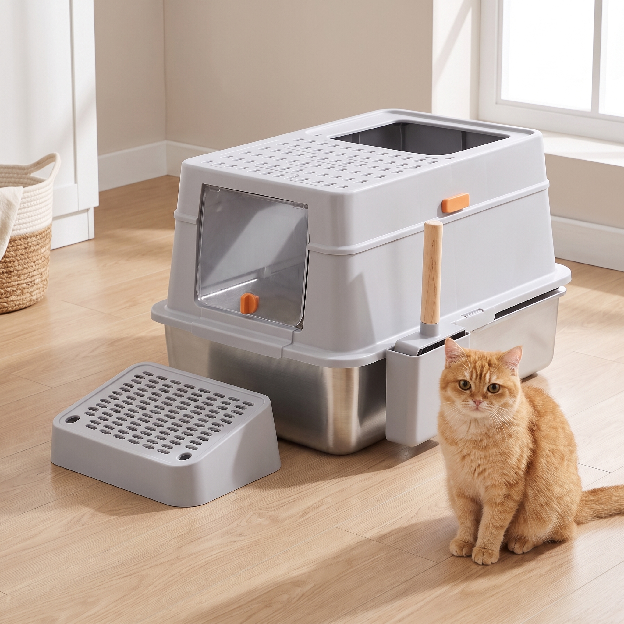 Grey cat stepping out of the front entrance of the XL enclosed litter box