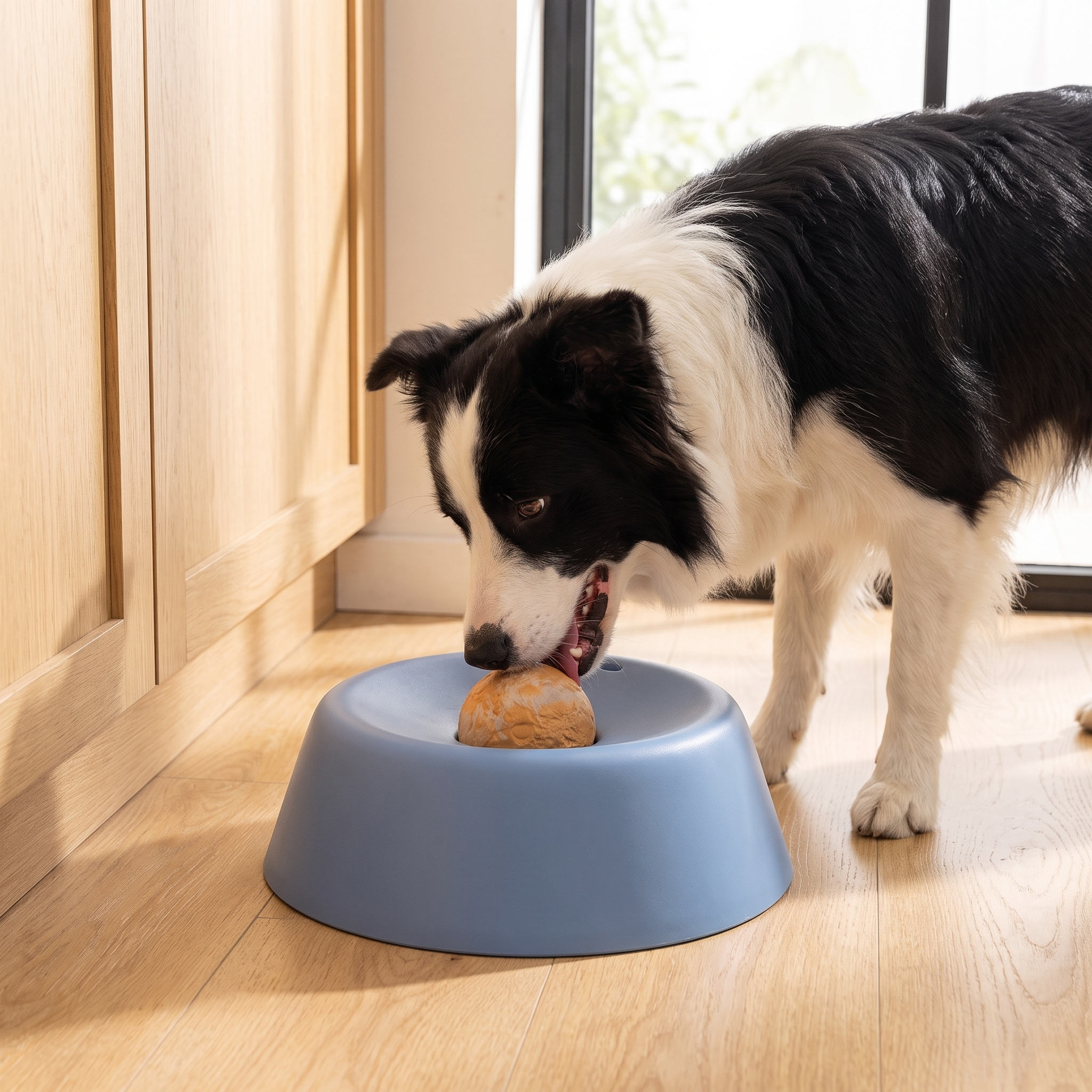 Golden retriever using the blue slow feeder dog bowl with rolling ball