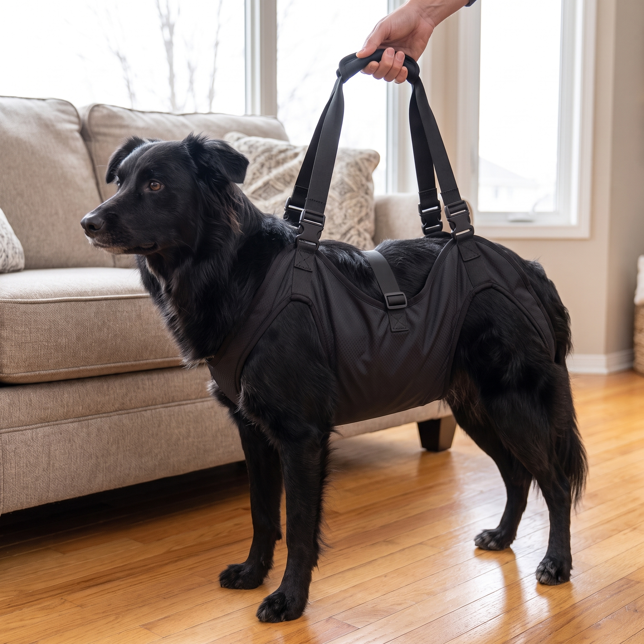 Golden retriever wearing the black full body support dog harness with padded handle
