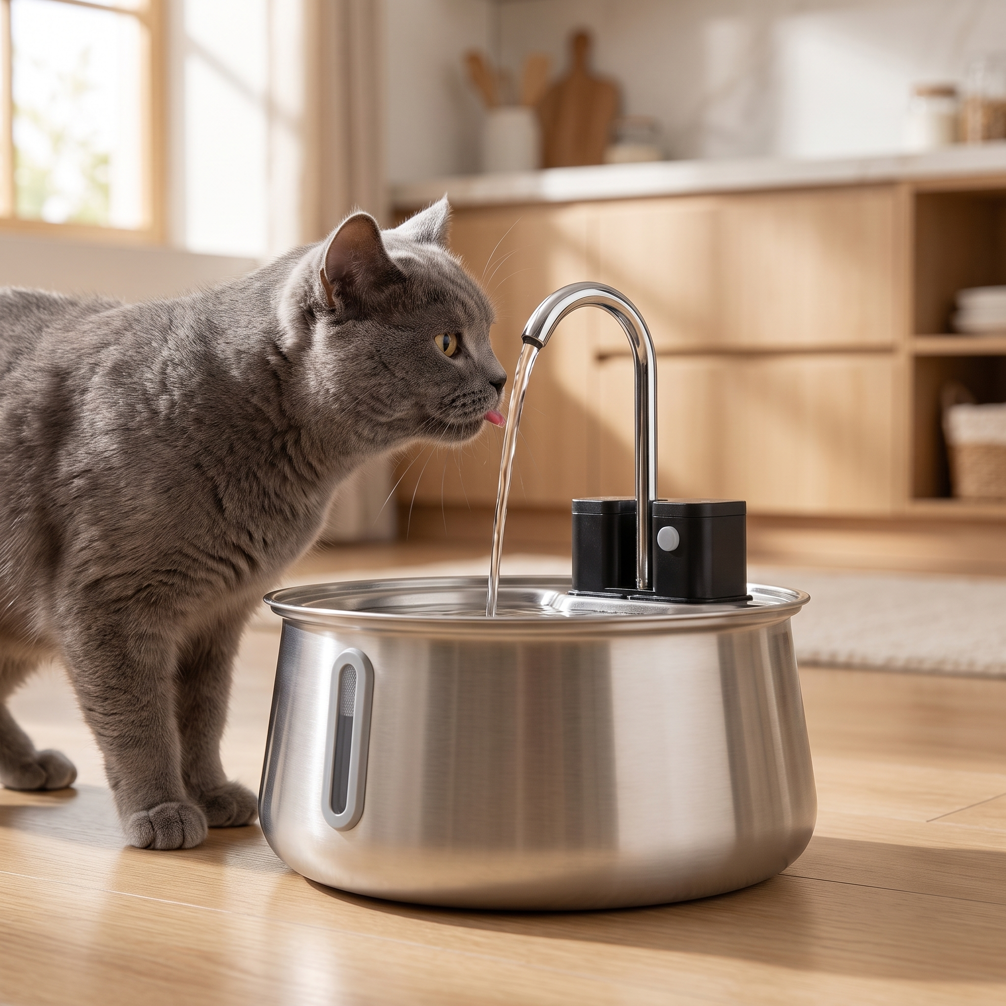 Cat drinking from the stainless steel fountain tap