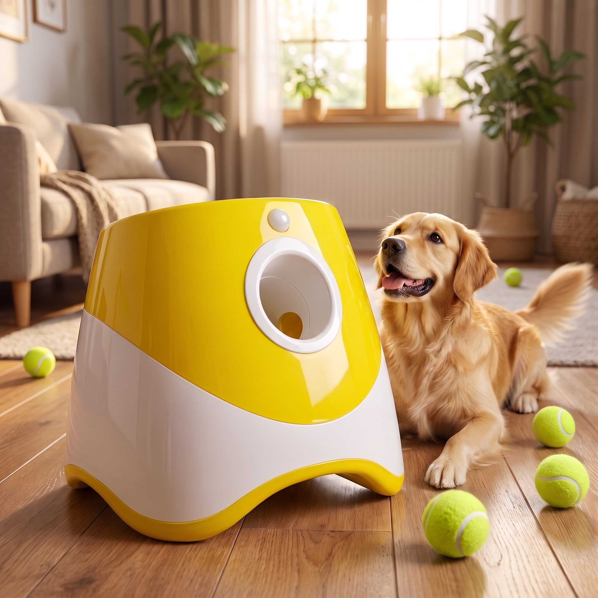 Border collie beside the yellow automatic ball launcher