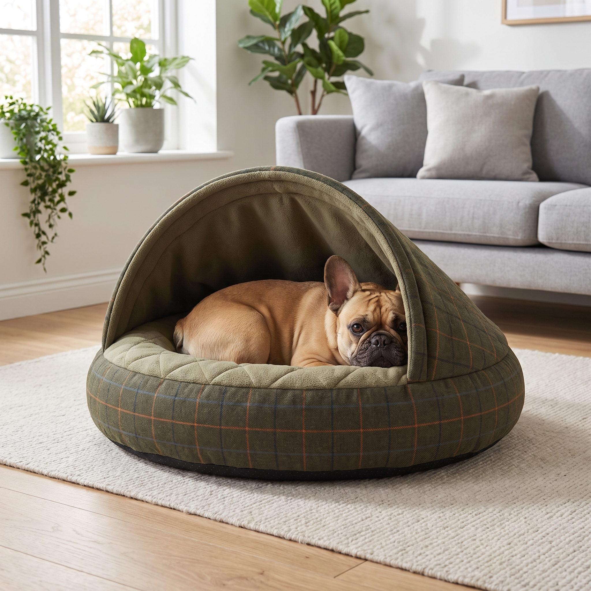 Dog resting inside the green tweed cave bed with hood