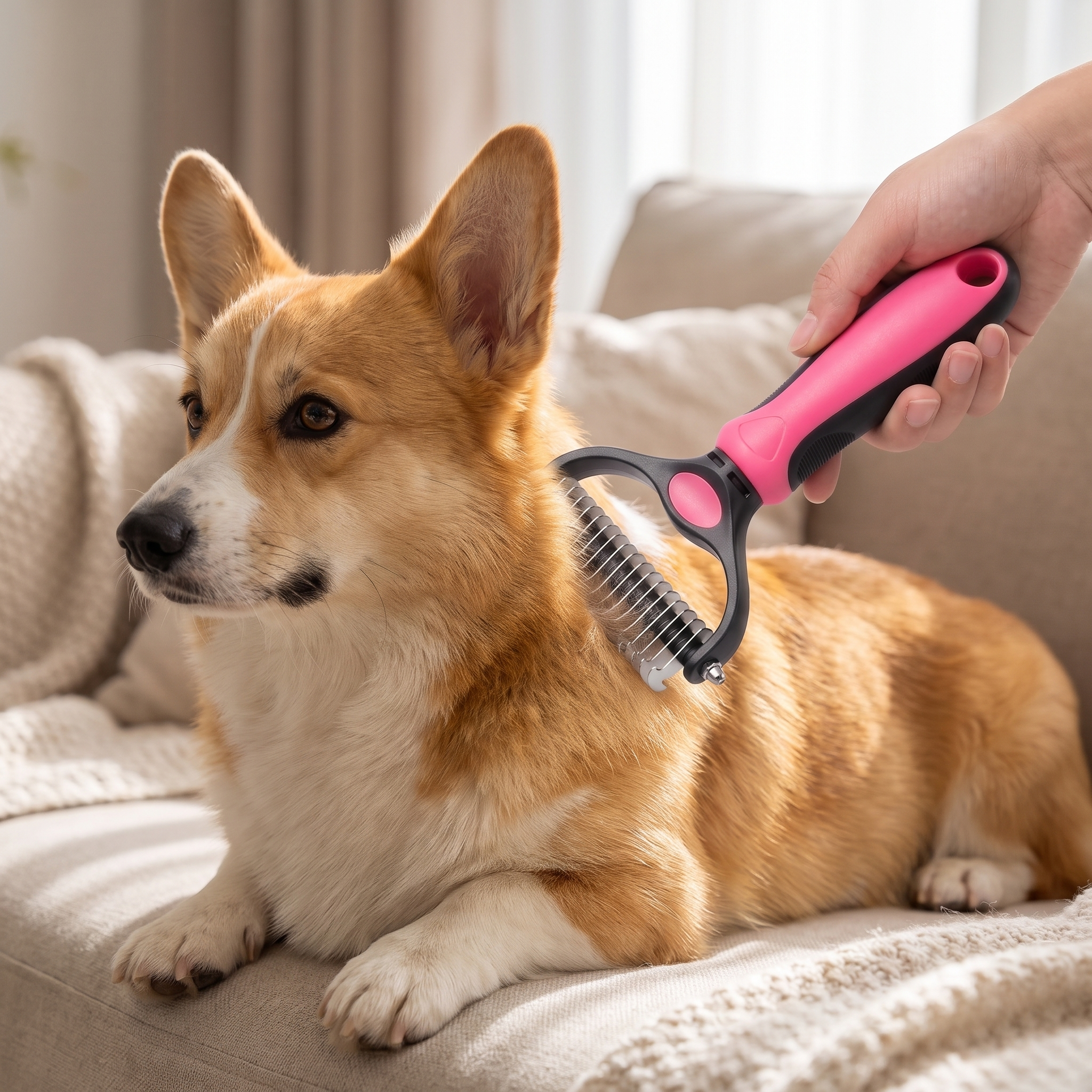 Happy golden retriever being brushed with the 2 in 1 deshedding brush