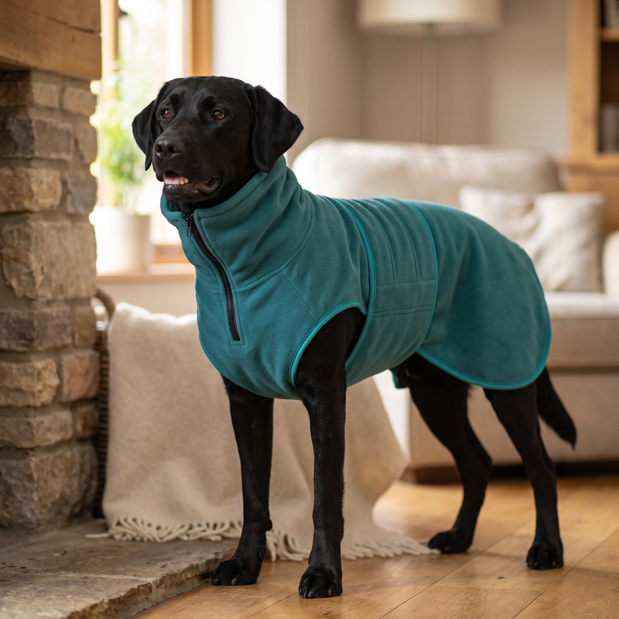 Dog standing in a teal drying coat with zip-up collar