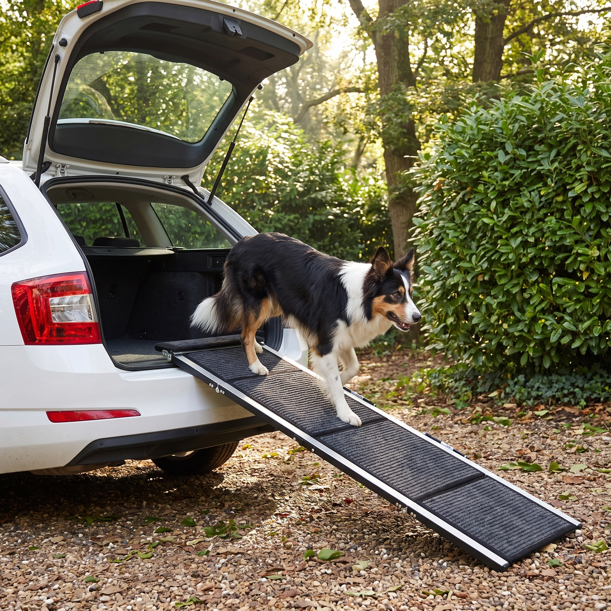 Golden retriever walking confidently up the non-slip folding dog ramp