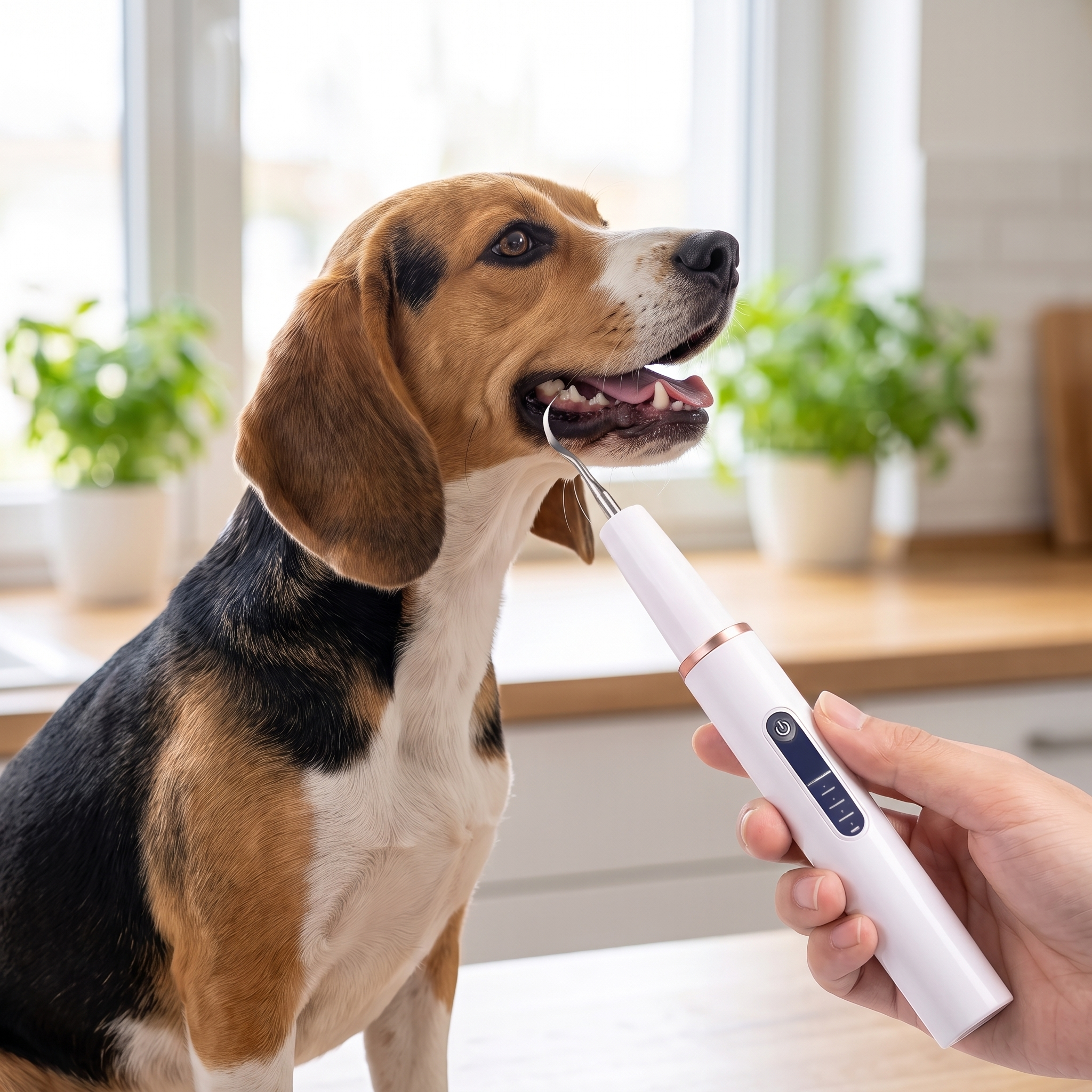 Golden retriever having its teeth cleaned with the ultrasonic scaler