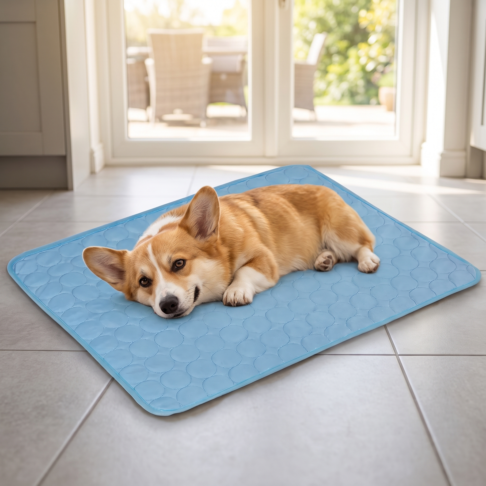 Dog resting on the light blue quilted cooling mat
