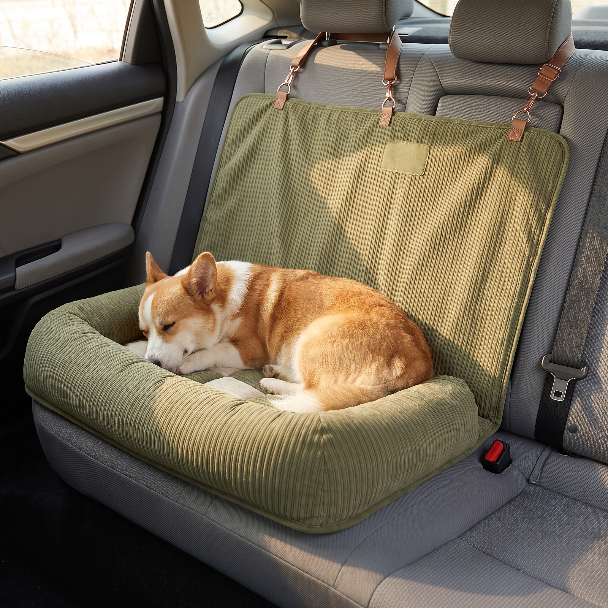 Happy dog resting on the checkerboard mattress of the dog car seat bed