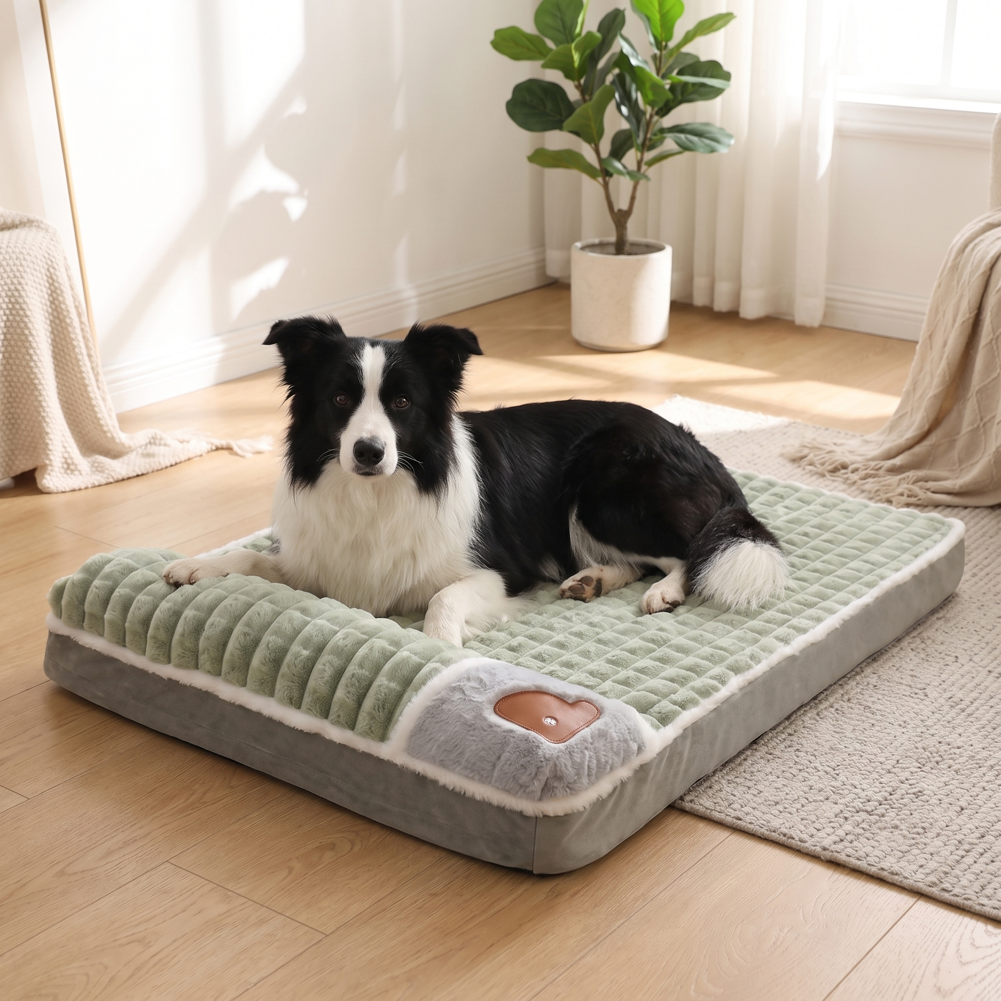 Border collie resting on the sage green memory foam dog bed