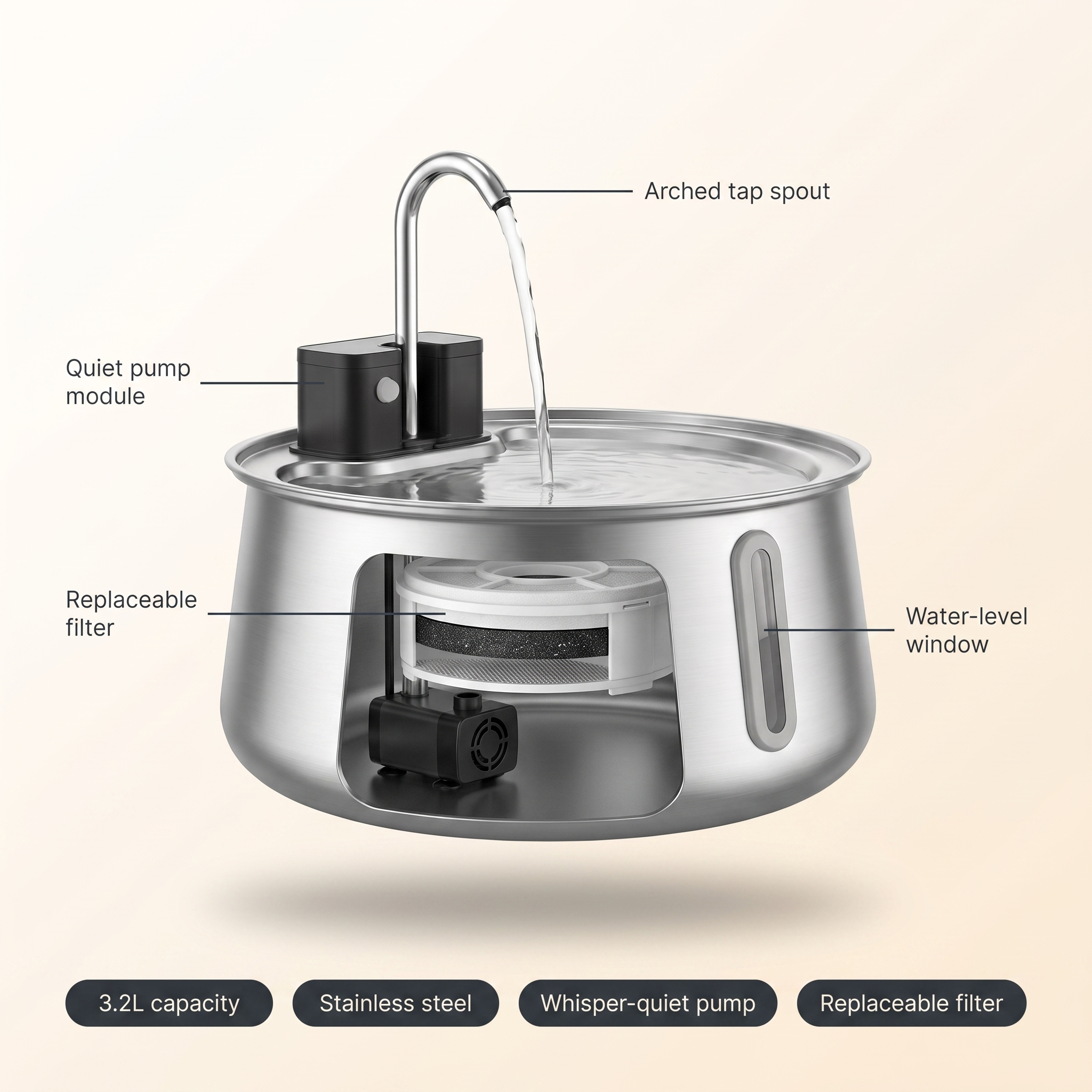 Cutaway of the stainless steel fountain filter and pump