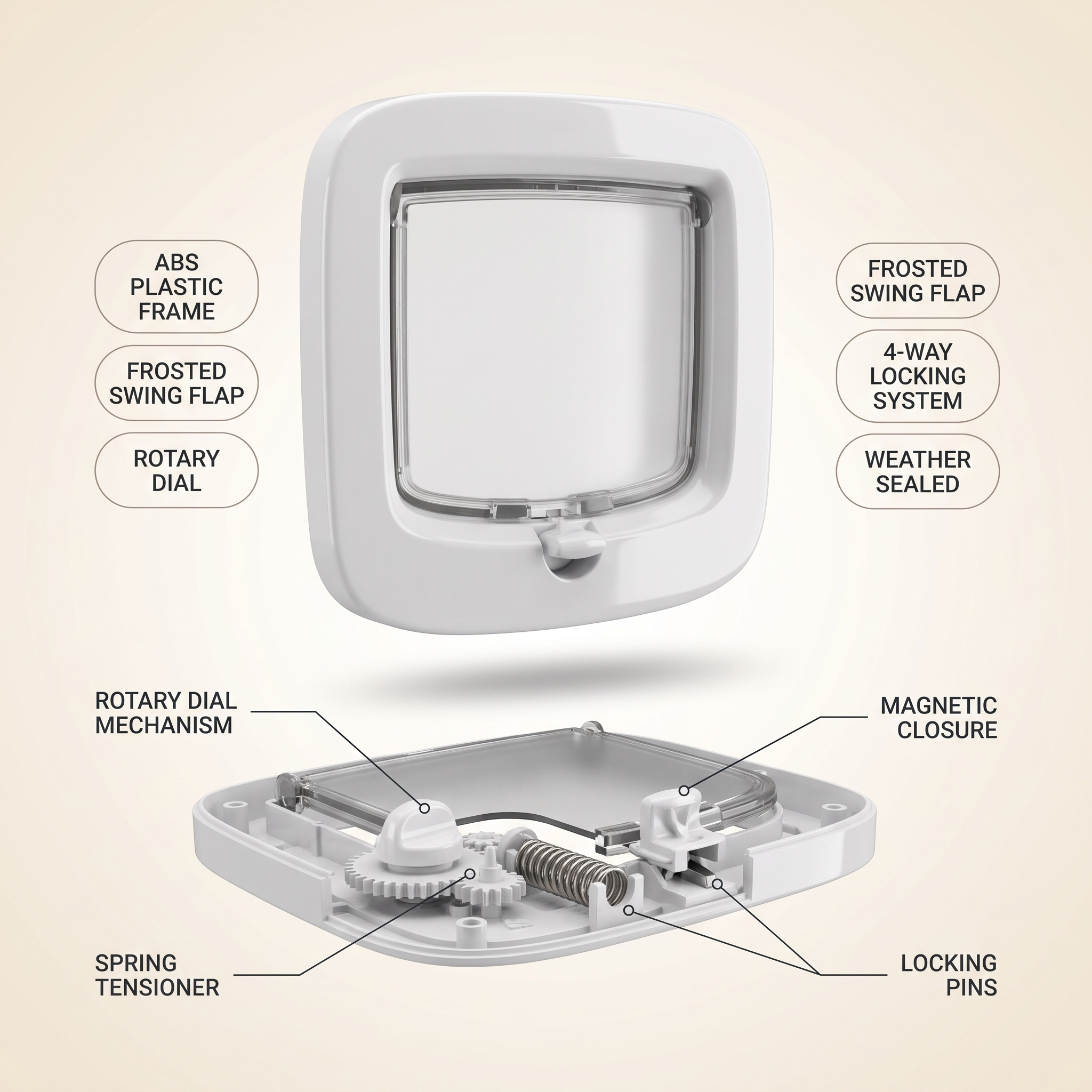 3D cutaway of the 4 way locking cat flap parts