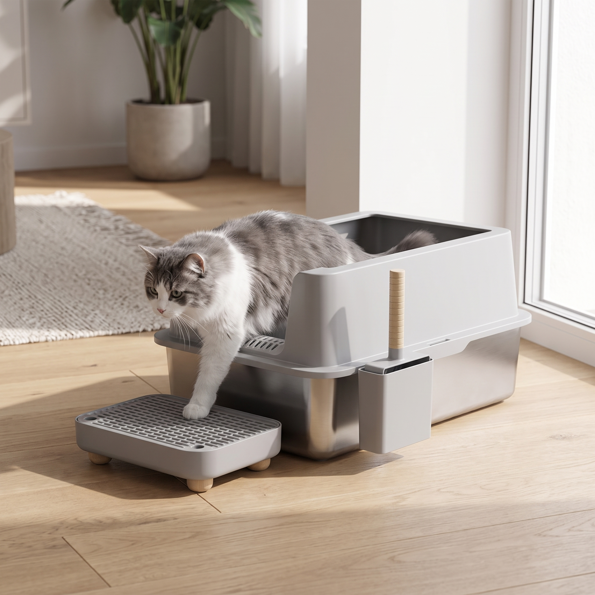 Cat stepping out of the stainless steel litter box