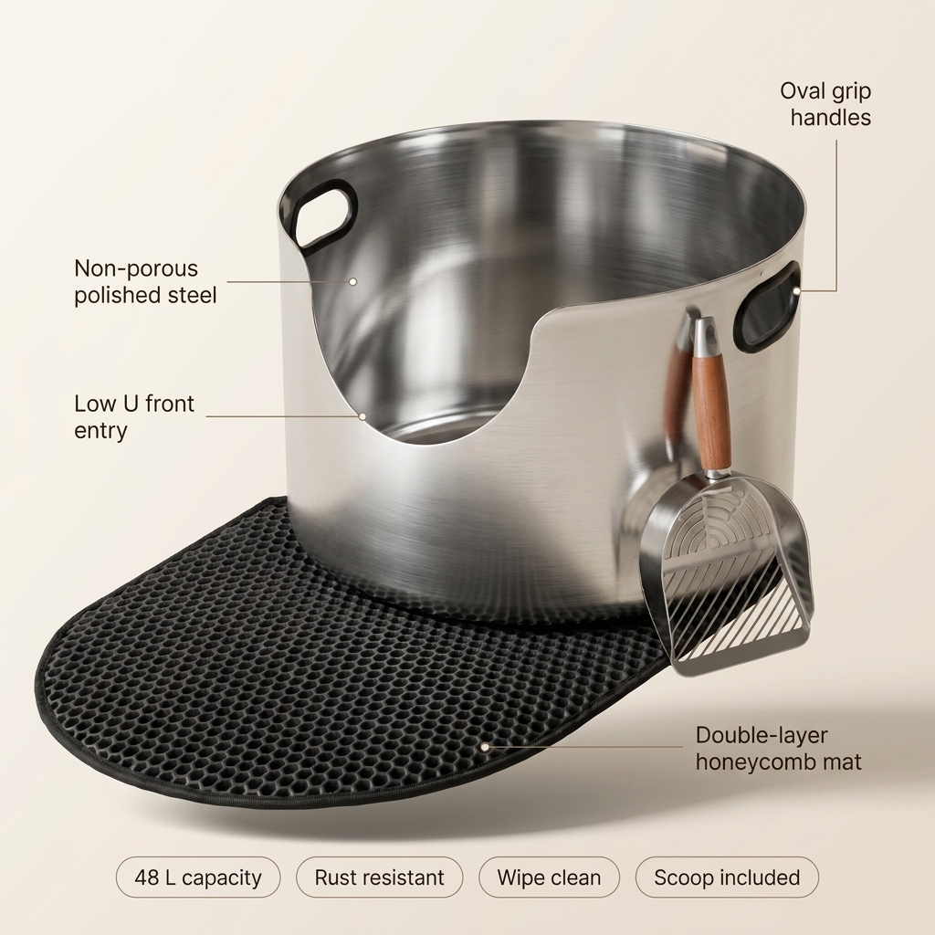 3D cutaway spec render of the round stainless steel cat litter box showing steel interior, low front entry, handles and honeycomb mat