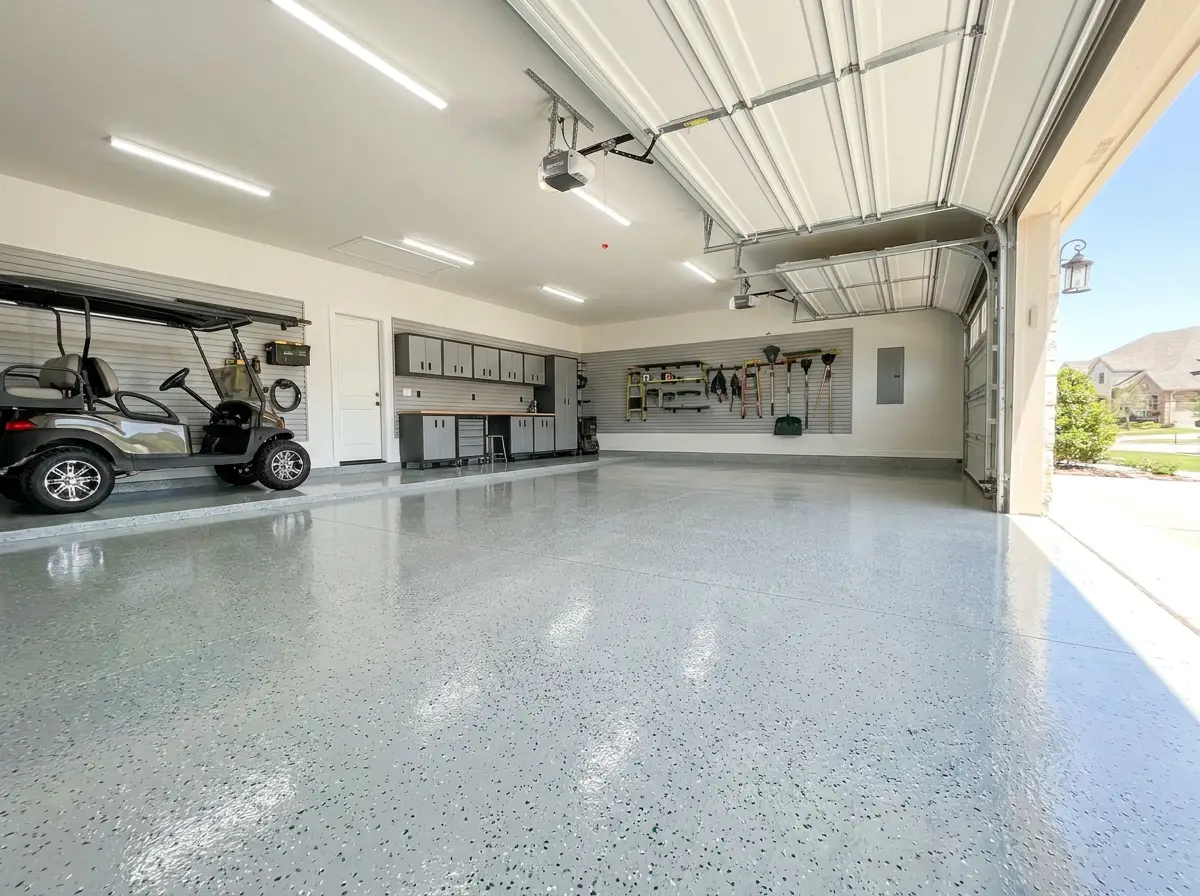 Three car garage with light gray flake floor