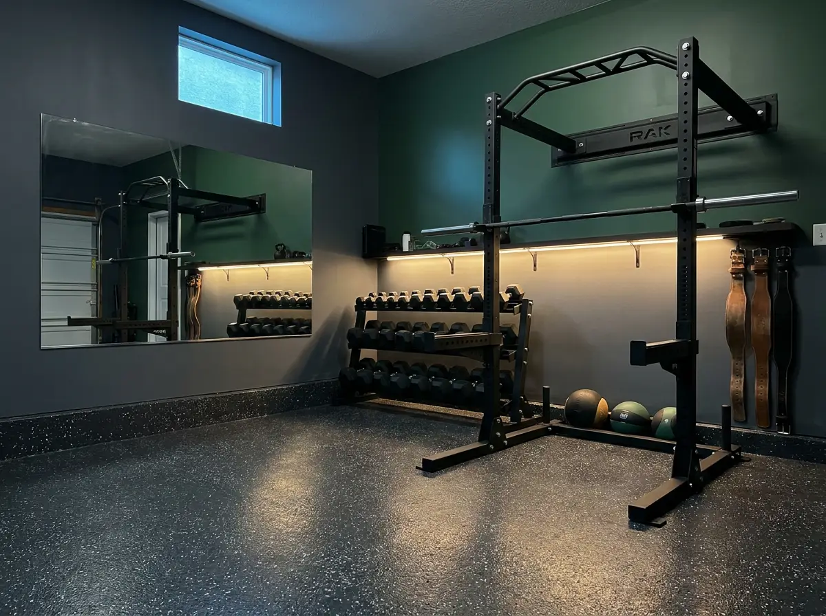 Home gym on coated garage floor