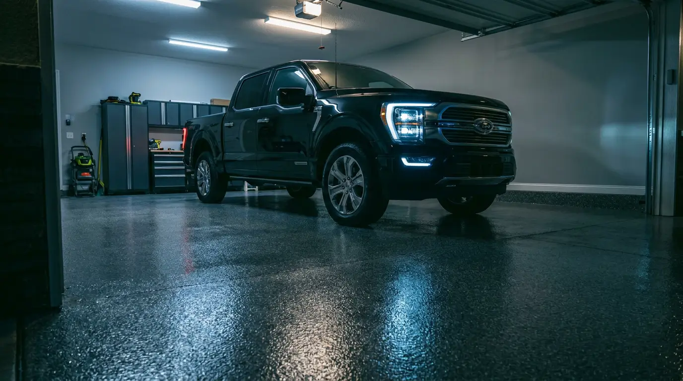 Pickup truck on a glossy coated garage floor