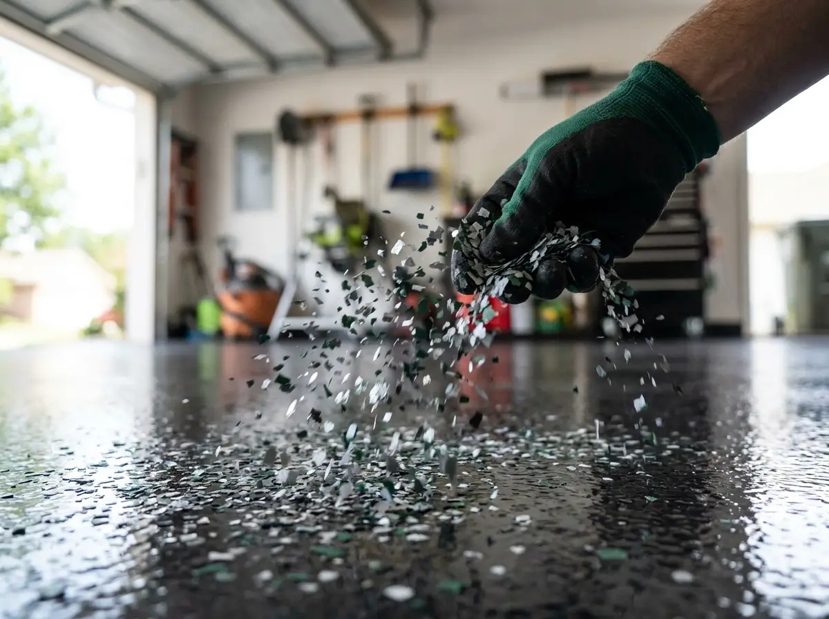 Broadcasting color flakes onto wet coating