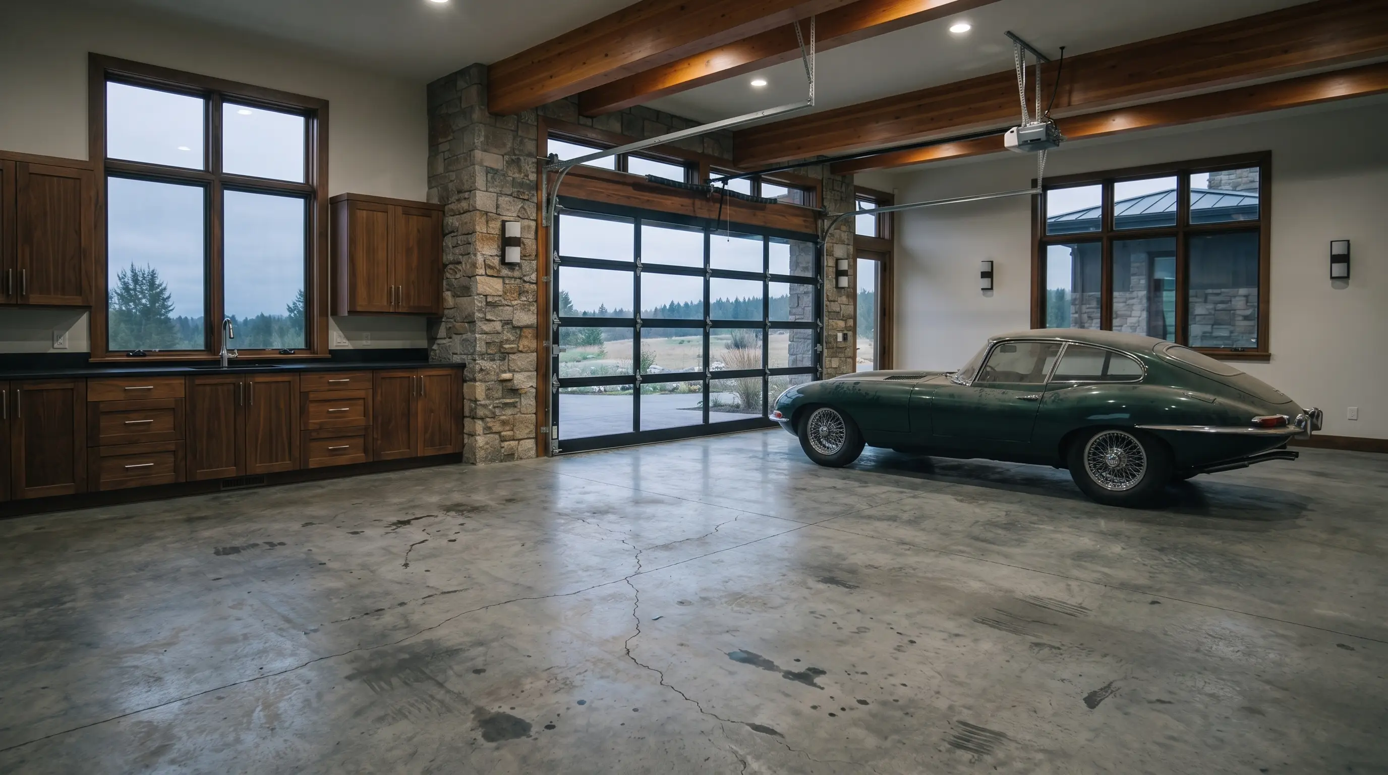 Bare stained concrete garage floor before coating