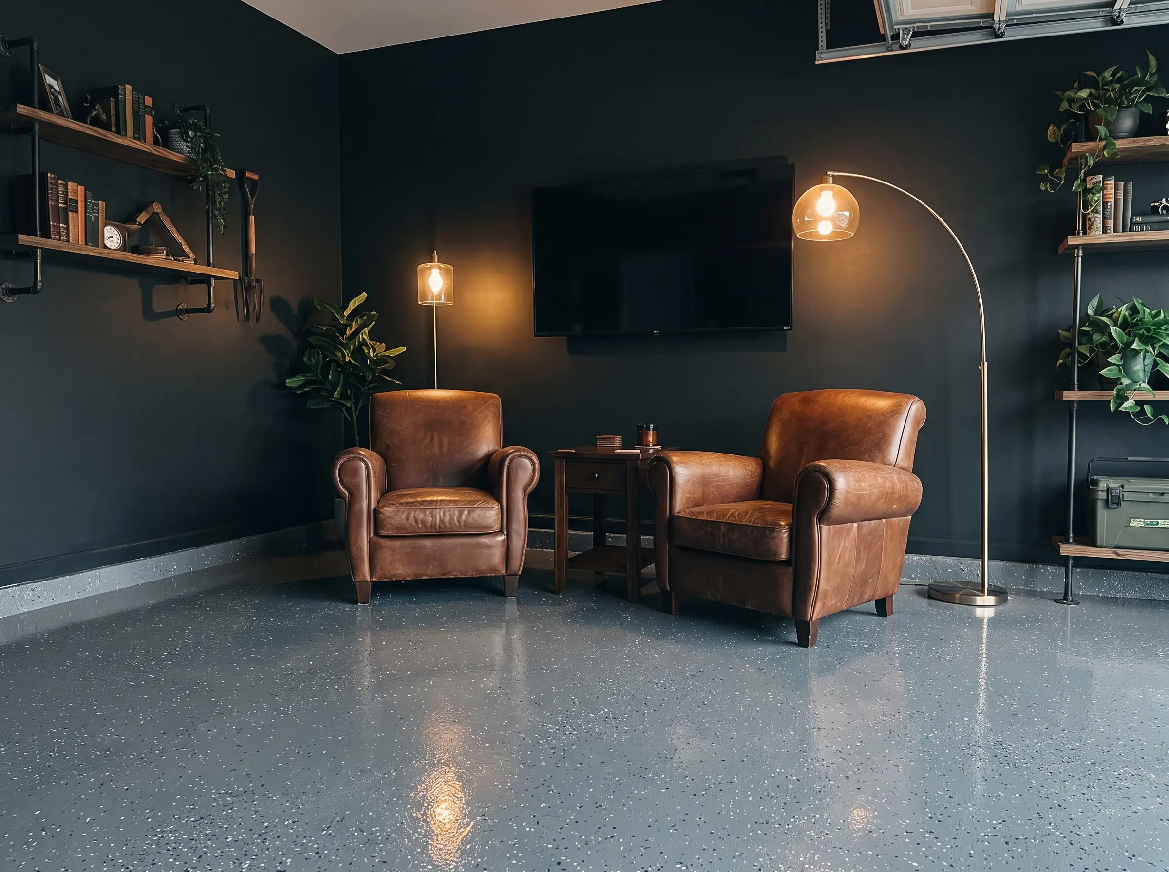 Garage lounge corner on a coated floor