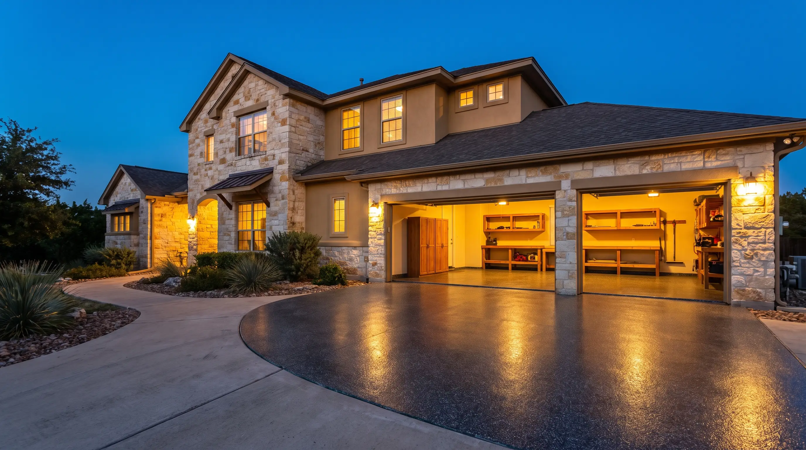 Texas home at dusk with open garage showing a glowing coated floor