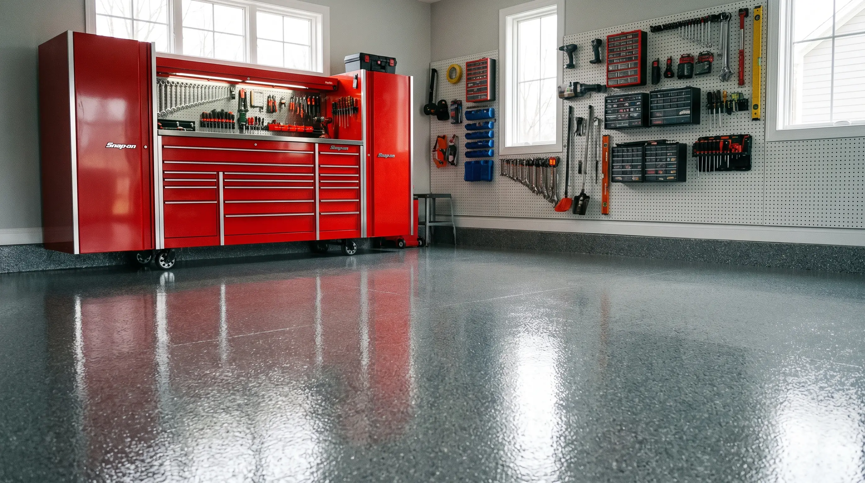 Workshop toolbox reflected in coated floor