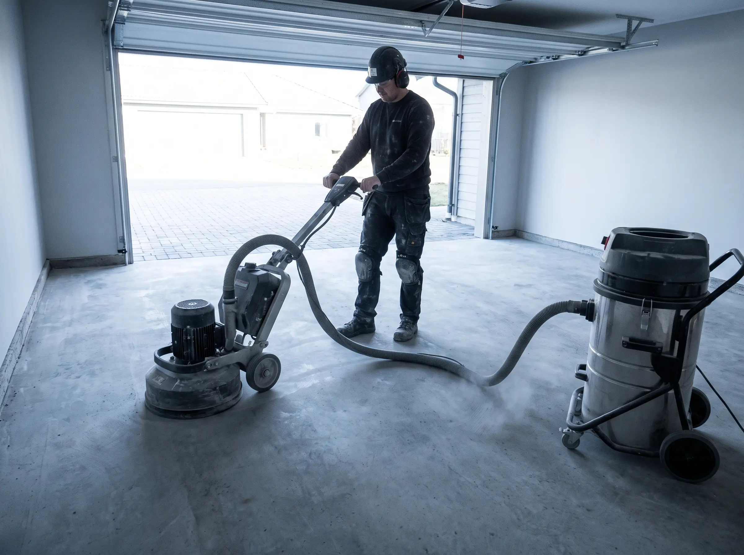 Diamond grinding a bare slab in an empty garage