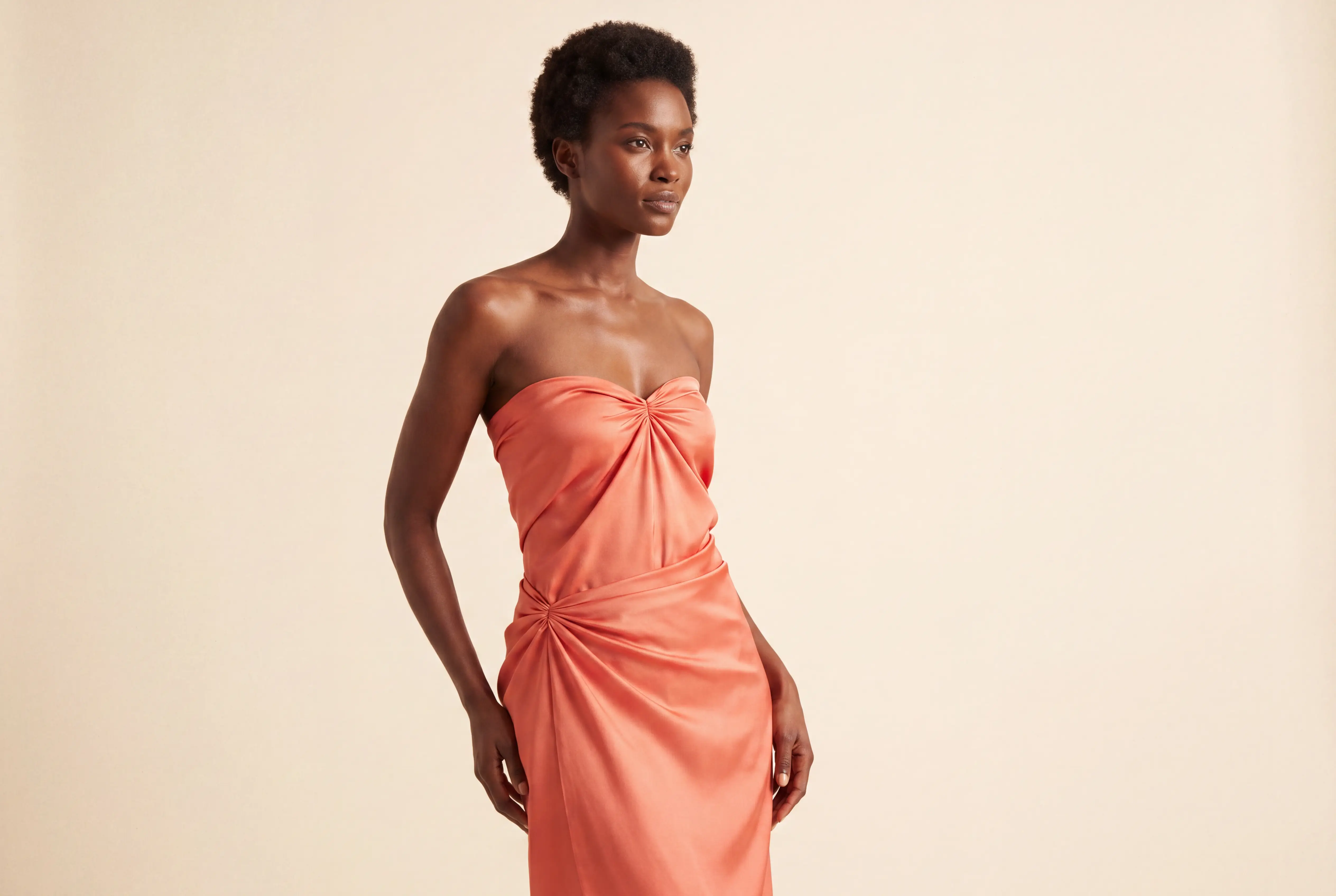 Coral scarf styled as a fitted strapless dress with Tailor Ring